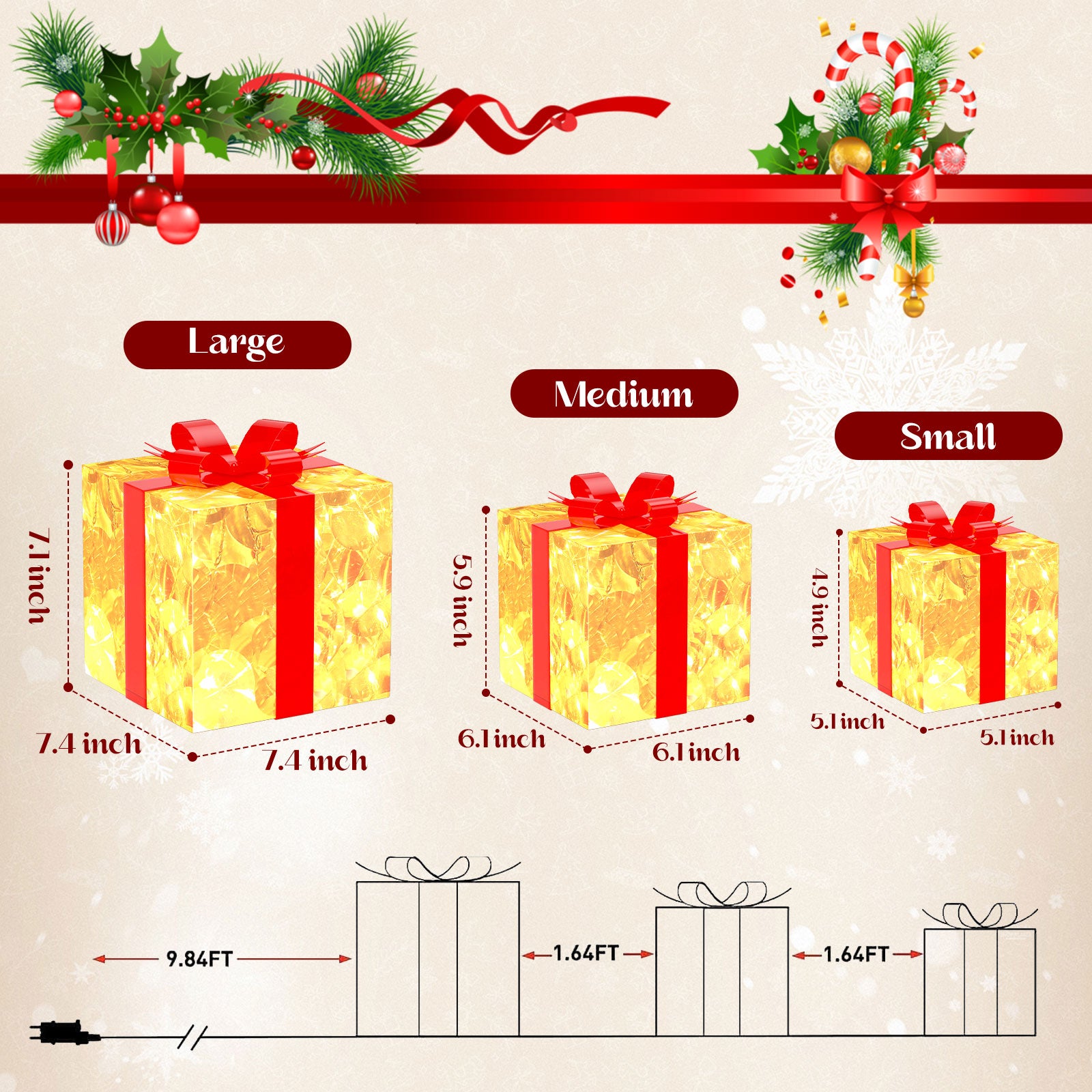 Quntis Christmas Lighted Gift Boxes – Set of 3 with 60 Super Bright LED Lights, 8 Modes & Timer, Transparent Decor with Bows, Plug-In for Holiday Decor