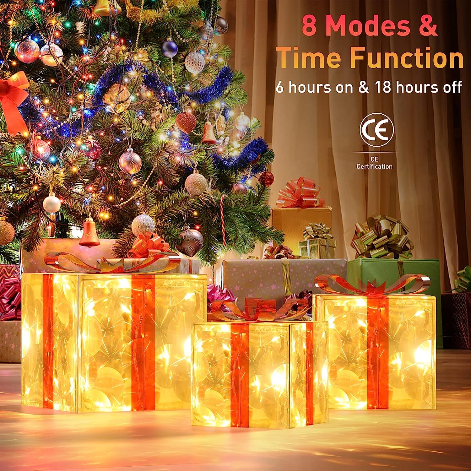 Quntis Christmas Lighted Gift Boxes, Set of 3 Christmas Decoration Boxes with F5 Super Bright 60 LED lights, 8 Modes ＆ Timer Function Present Boxes Plug in, Transparent Christmas Decor with Bows for Christmas