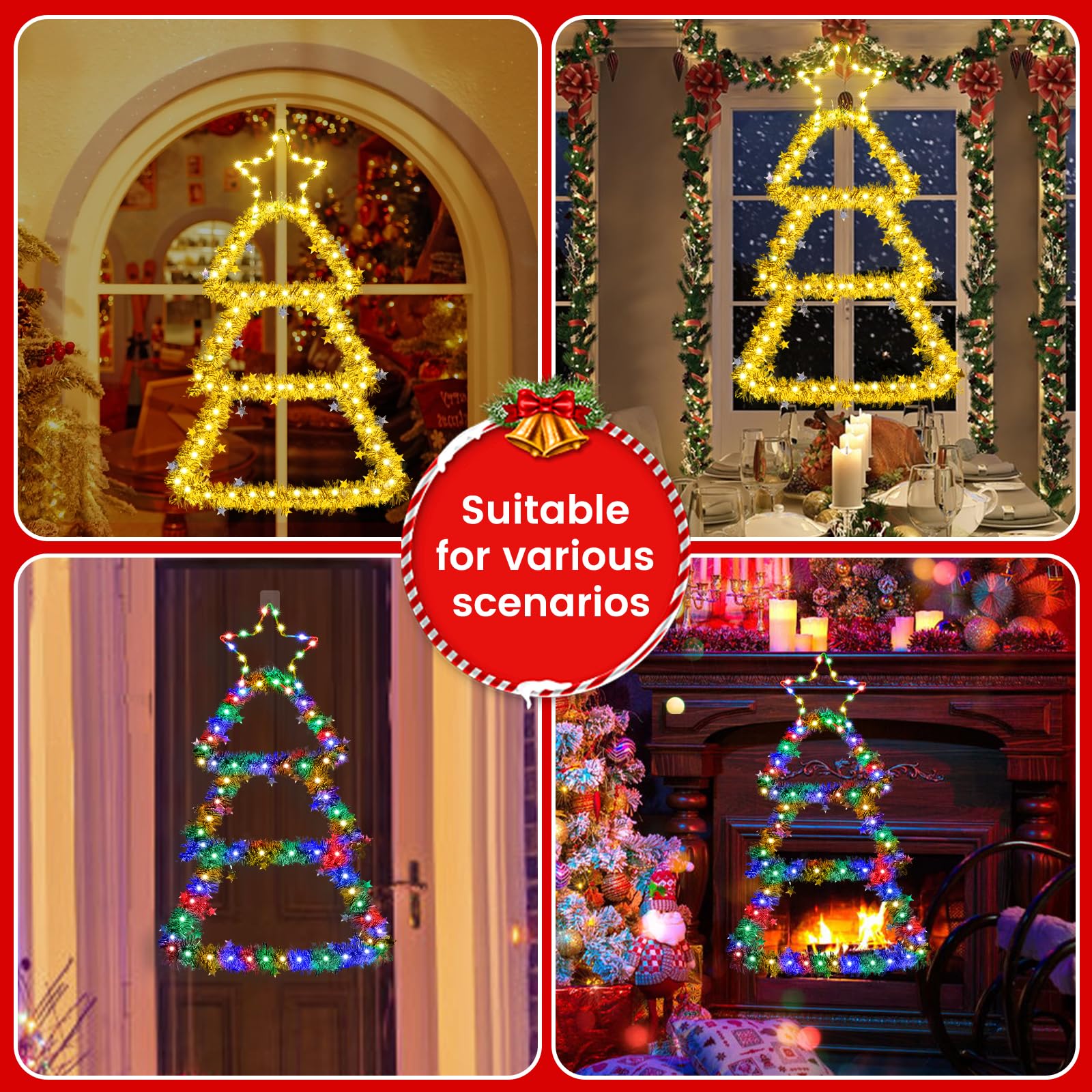 Quntis Luces de Decoración Navideña LED, Árbol de Navidad de 2.2 pies con Luces Multicolores y Blancas Cálidas con Espumillón Plateado, Luces Colgantes a Pilas para Interior y Exterior, Decoración para Ventanas, Paredes y Puertas en el Hogar