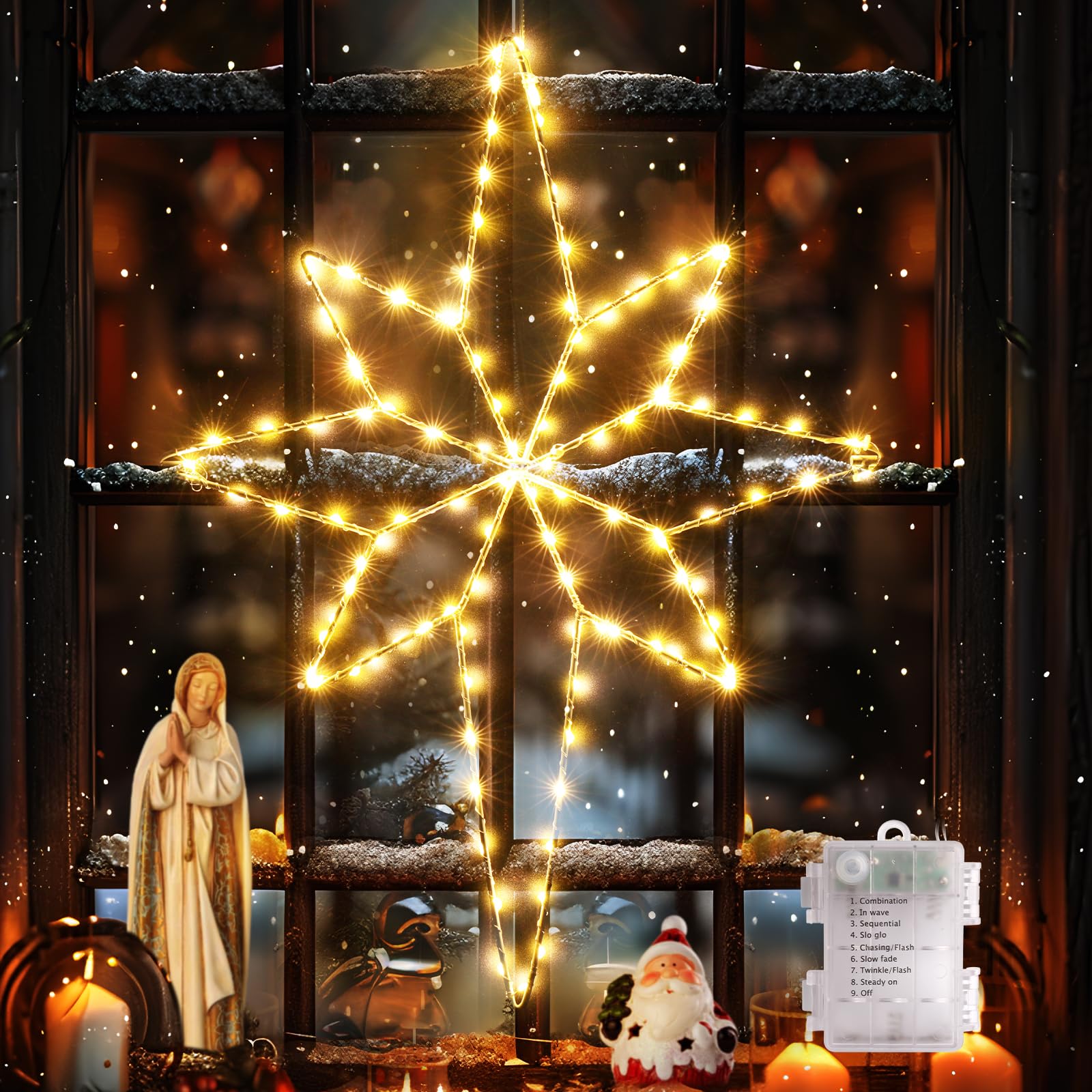 Quntis Luzes de Janela Estrela de Belém de 58cm para o Natal, 118 LEDs, Alimentadas a Bateria com 8 Modos e Temporizador, Branco Quente para Decoração de Natal Interior/Exterior (1 Pacote)