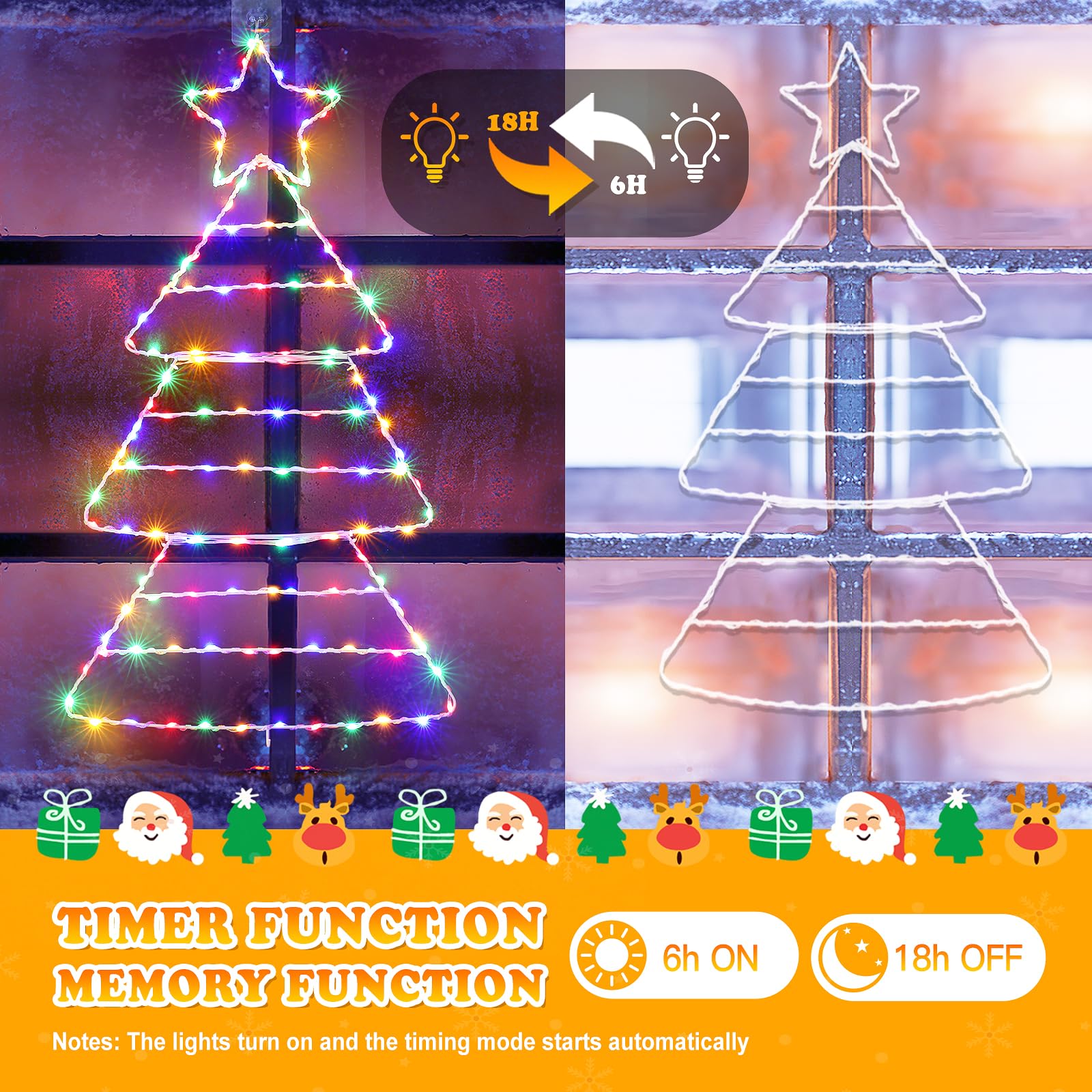 Quntis Christmas Decoration Lights, Foldable Color Changing Christmas Window Lights with Timer & 8 Modes, Waterproof Battery Powered Christmas Tree Ladder Lights for Xmas Indoor Outdoor Décor