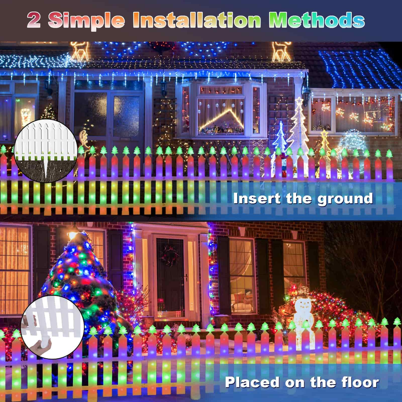 Christmas Tree Fence Lights Outdoor Indoor, 10FT 336LED 8 Modes Waterproof, Plastic Picket Fence Garden Border, Christmas Patio Yard Landscape Lights