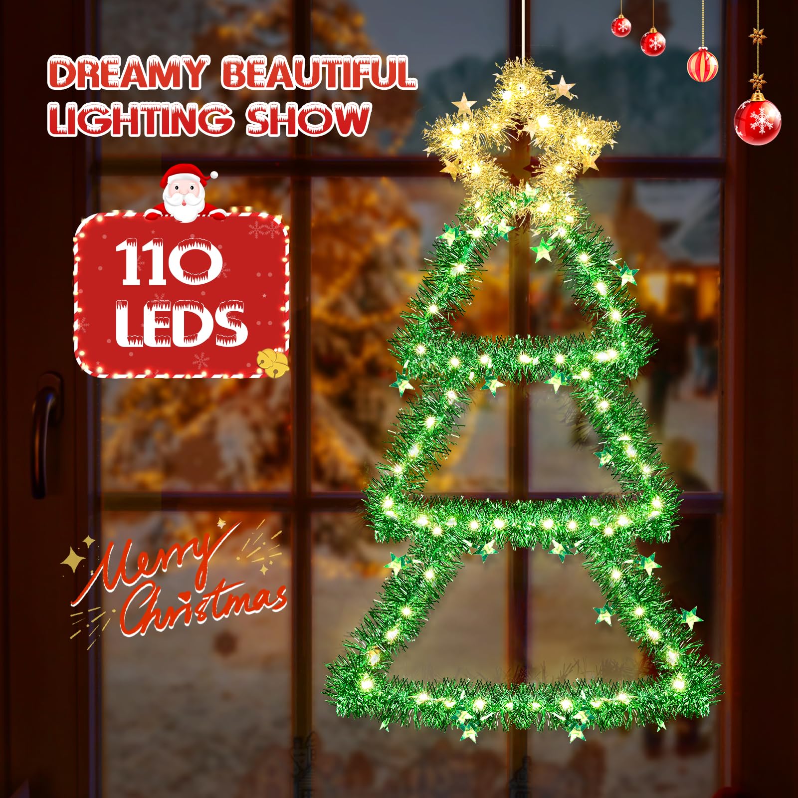 Quntis Christmas Window Lights – Battery-Operated Tree Lights with 8 Modes & Timer, Foldable Metal LED Wall Hanging for Indoor/Outdoor Decor