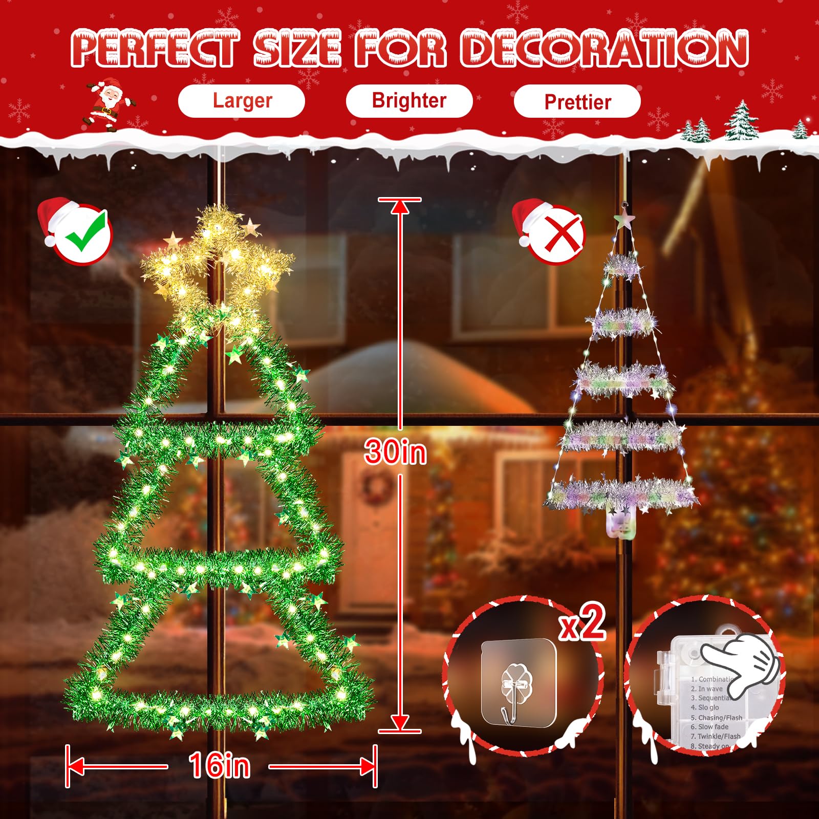 Quntis Christmas Window Lights – Battery-Operated Tree Lights with 8 Modes & Timer, Foldable Metal LED Wall Hanging for Indoor/Outdoor Decor