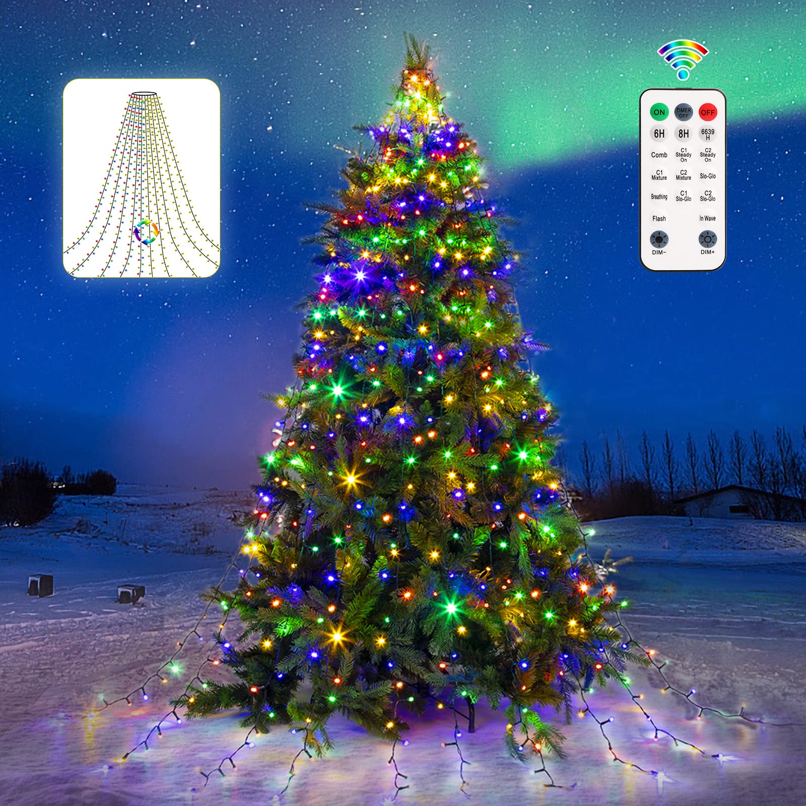 Color Changing Christmas Tree Lights, 11 Modes & 3 Timer Modes & 4 Brightness with Memory Function, 6.6FT x10 Lines 400 Diamond LED Christmas String Light Outdoor Waterproof