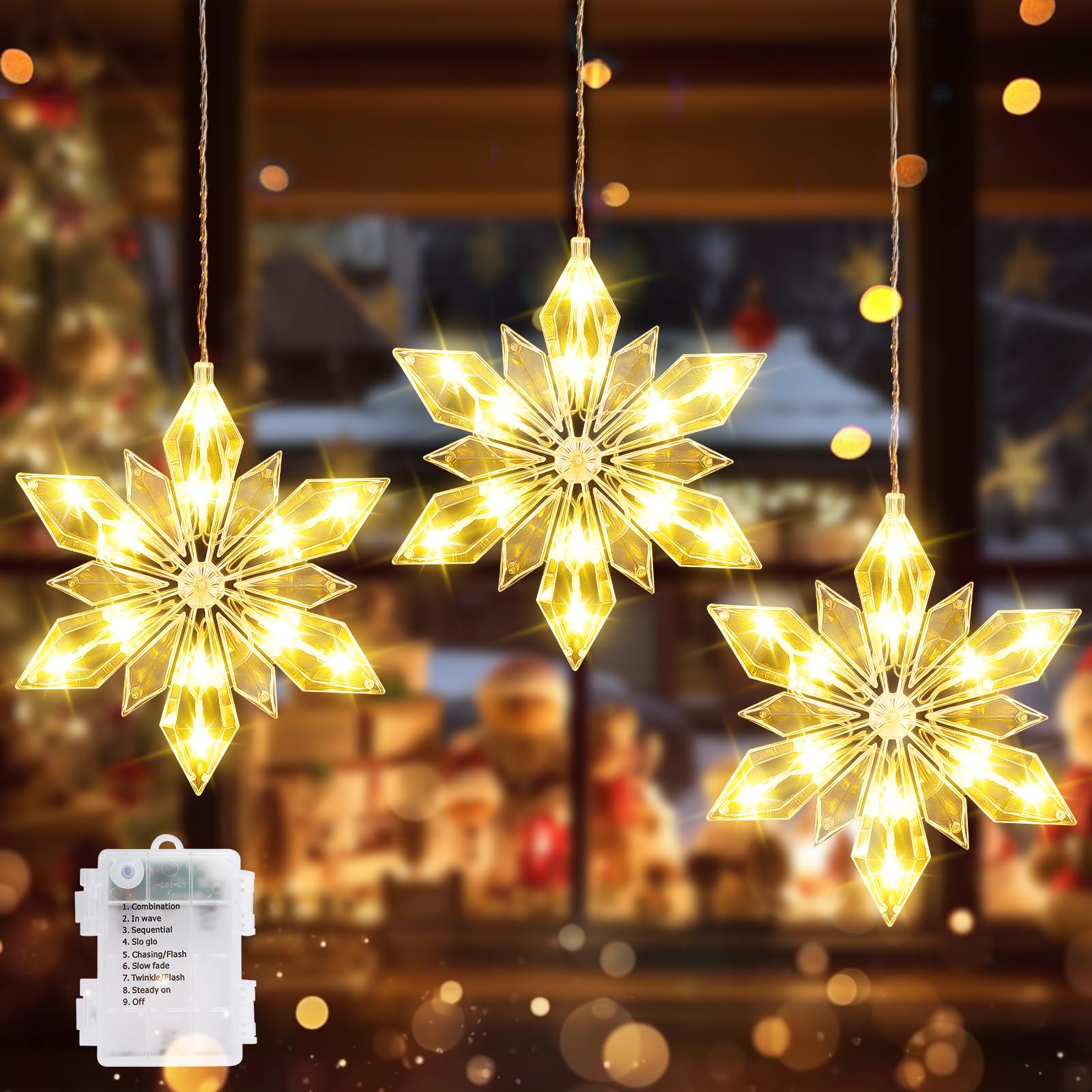 Quntis 34" Christmas Snowflakes Window Lights Battery Operated, 3 Pack 36 LEDs Snowflake String Lights with Timer Memory, 8 Twinkle Modes Xmas House Indoor Winter Hanging Decoration, Warm White