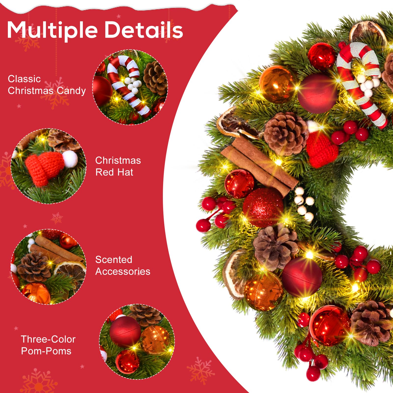 16Inch Christmas Wreath with Lights, 40 LEDs Light up Christmas Decoration Garland Wreath, 8 Modes&Timer Function Wreath for Outdoor Indoor Home Front Door Window Xmas Decor