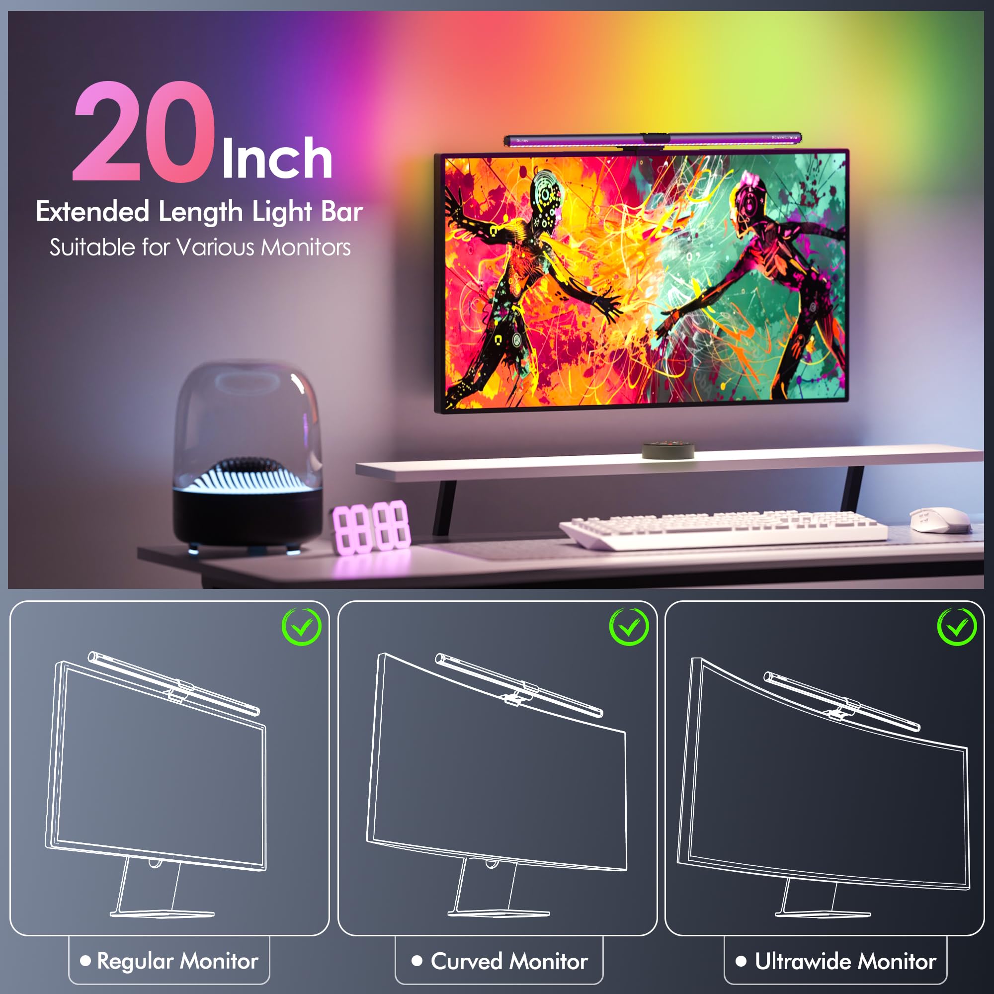 LED ScreenLinear Glow RGB,Monitor Light Bar with 15 Modes Gaming Backlight (20Inch)