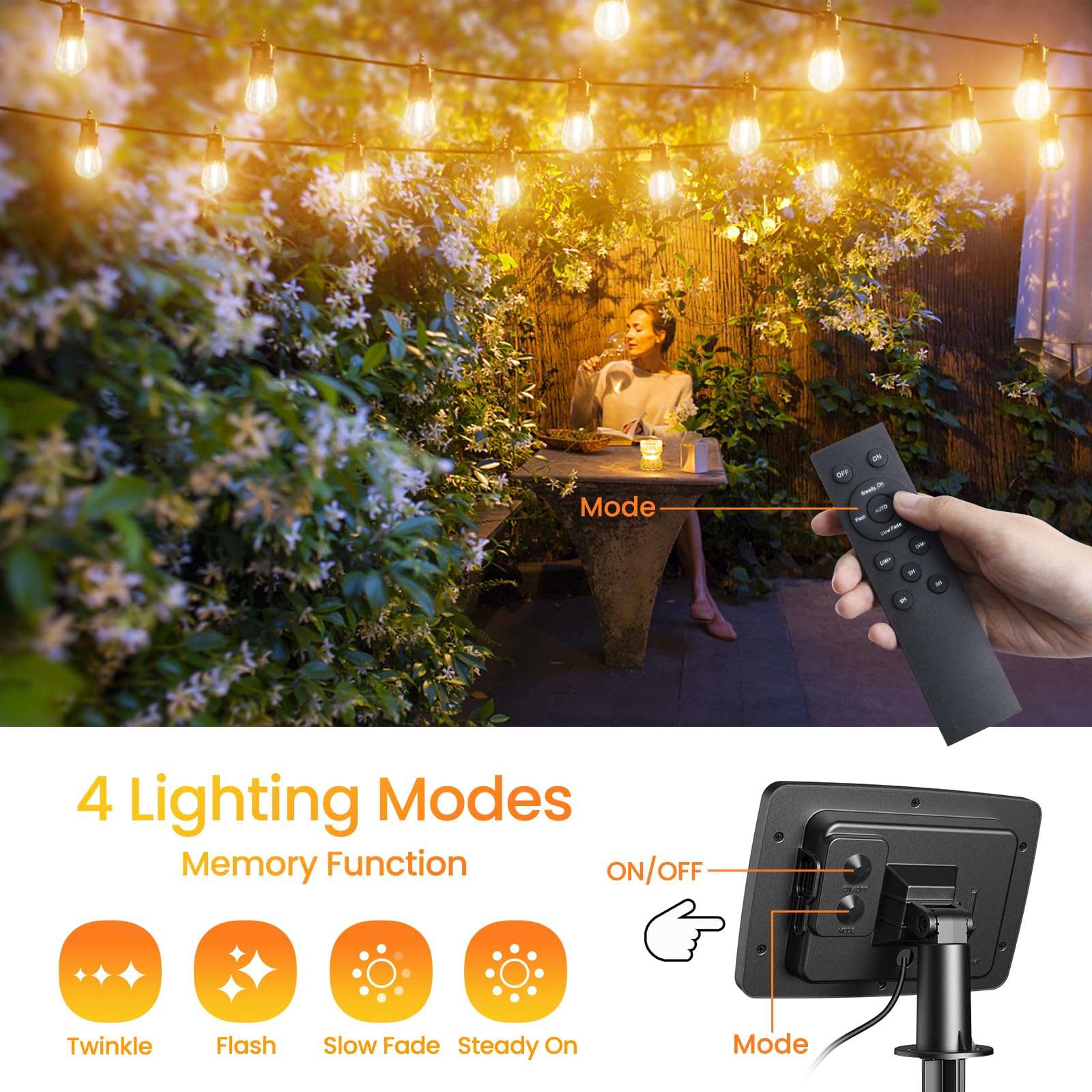 Solar Festoon Lights Outdoor, 57ft/17M S14 Dimmable Outdoor String Lights Solar Powered with Remote Control, IP65 Waterproof Outside Solar Lights with 4 Modes & Timer for Garden Patio Gazebo