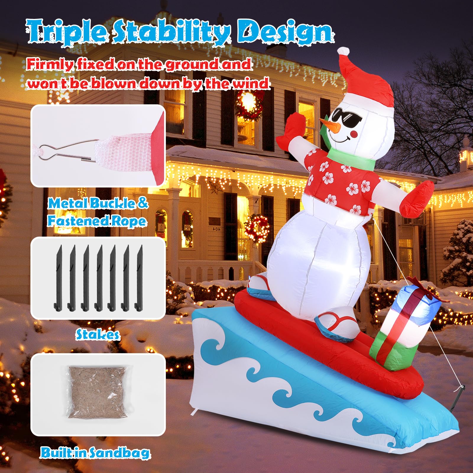 Inflatable Christmas Decorations Outdoor, Quntis 6FT Inflatable Snowman with LED Lights Surfing Snowman Blow Up Yard Decorations Xmas Decorations for Xmas Party Indoor Outdoor Home Garden Lawn