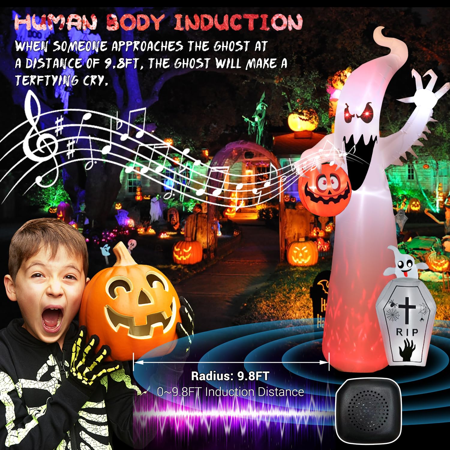 12FT Halloween Inflatable Outdoor Decoration with Projection Lights and Scary Sound, Halloween Blow Up Yard Decorations, Waterproof Inflatable Halloween Pumpkin Ghost with LED for Garden