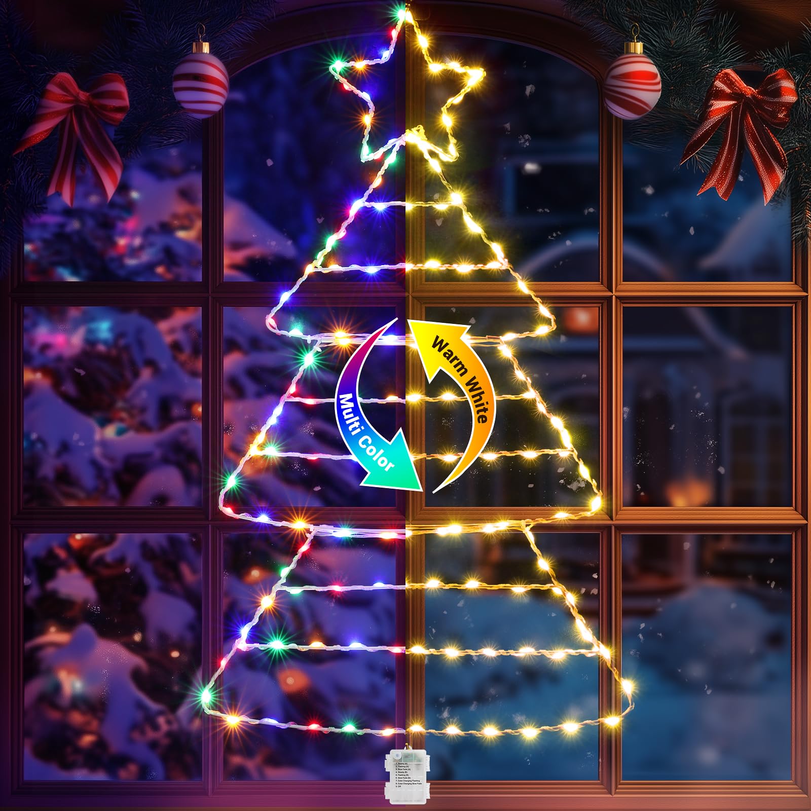 Quntis Christmas Decoration Lights, Foldable Color Changing Christmas Window Lights with Timer & 8 Modes, Waterproof Battery Powered Christmas Tree Ladder Lights for Xmas Indoor Outdoor Décor