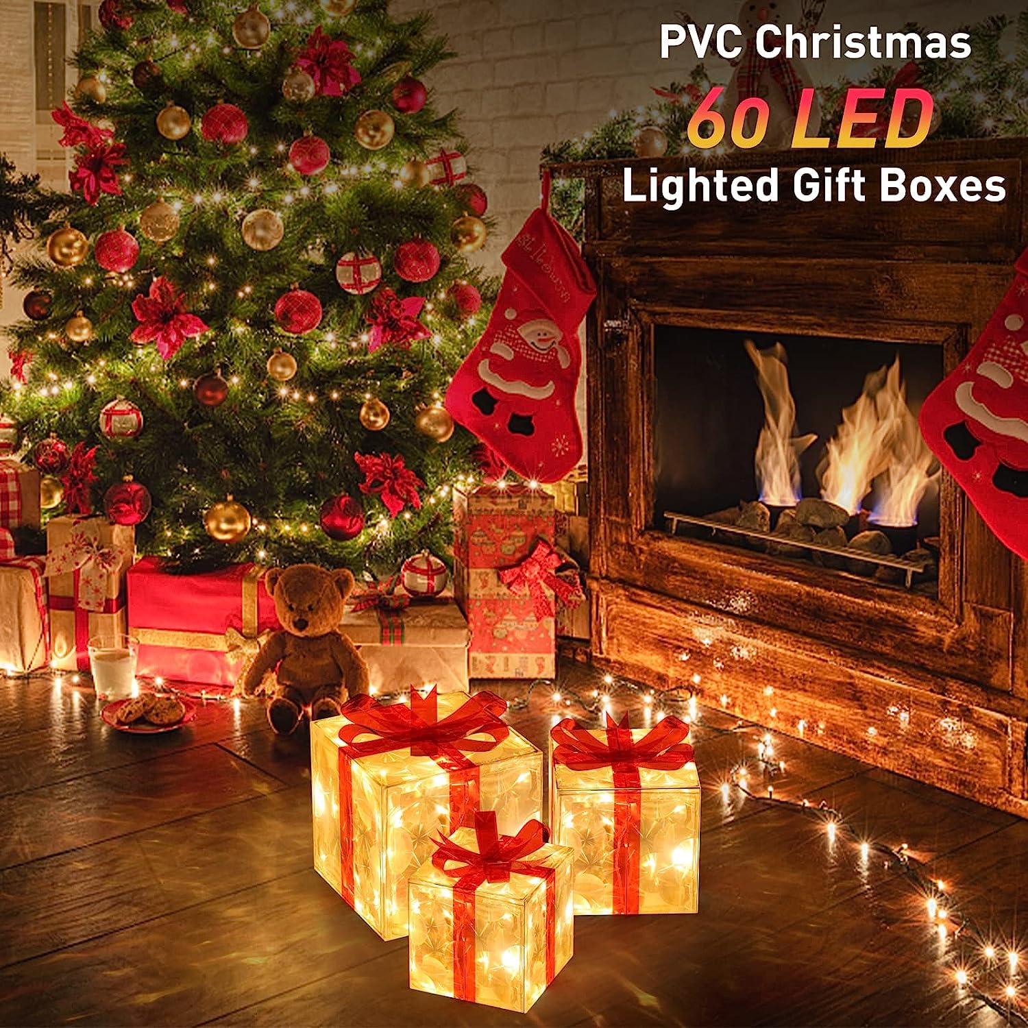 Quntis Christmas Lighted Gift Boxes, Set of 3 Christmas Decoration Boxes with F5 Super Bright 60 LED lights, 8 Modes ＆ Timer Function Present Boxes Plug in, Transparent Christmas Decor with Bows for Christmas