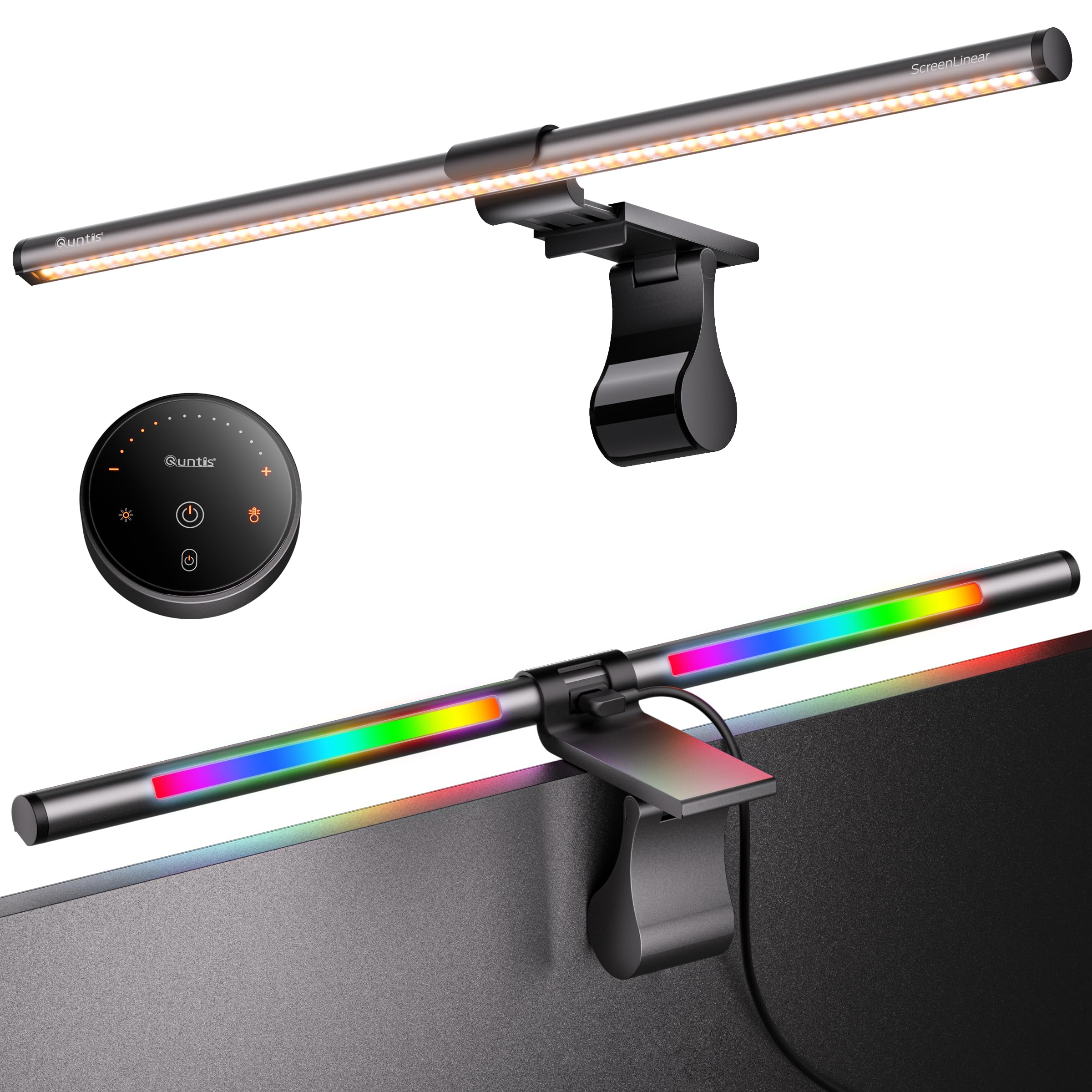 Quntis RGB Pro+ Monitor Light Bar with Remote, 15 Modes Gaming Backlight, 4 Colors & Brightness Dimmable Fronlight, Ra95 Eye-Care USB Reading Monitor Lamp, No Glare, Upgraded Clip for All Monitor (20Inch)