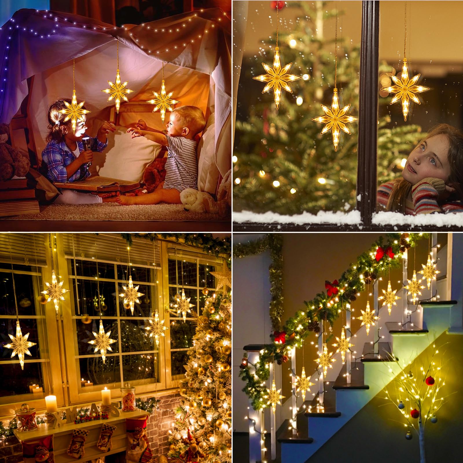 Quntis 3 in 1 Christmas Star Christmas Lights for Shop Window, Indoor LED Christmas Lights for Kitchen Dining Room Living Room, Outdoor Christmas Home Decoration Lights Perfect for Windows, Warm White