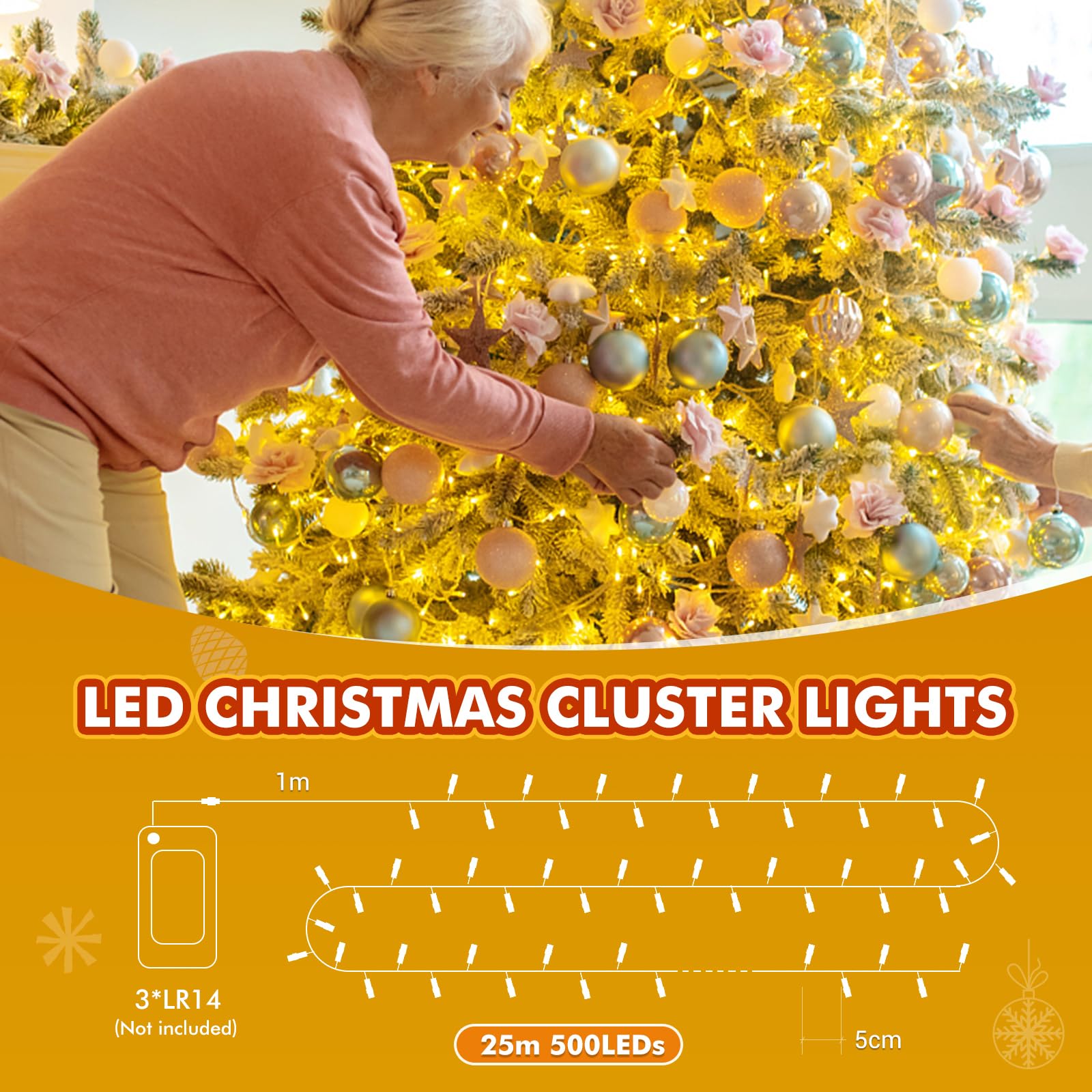 Quntis 25m 500LED Cluster Christmas Lights, Battery Powered, 8 Modes, IP44 Waterproof, Warm White for Indoor/Outdoor Decor