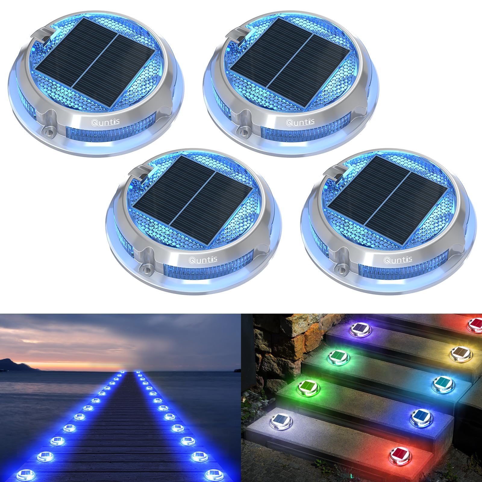 Quntis RGB Solar Deck Lights for Christmas, 11 Lighting Modes Solar Driveway Lights Outdoor Waterproof IP68, Solar Step Lights for Outside, Deck Lights Solar Powered for Stair Pathway Walkway 4 Pack