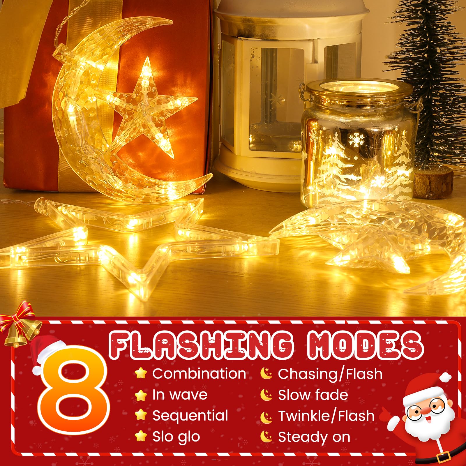 Quntis Christmas Window Lights, 9Pack 125LED Battery Powered Star & Moon Hanging Window Lights, 8 Modes, Waterproof Indoor Outdoor Decoration for Holiday,Party, Home Decor