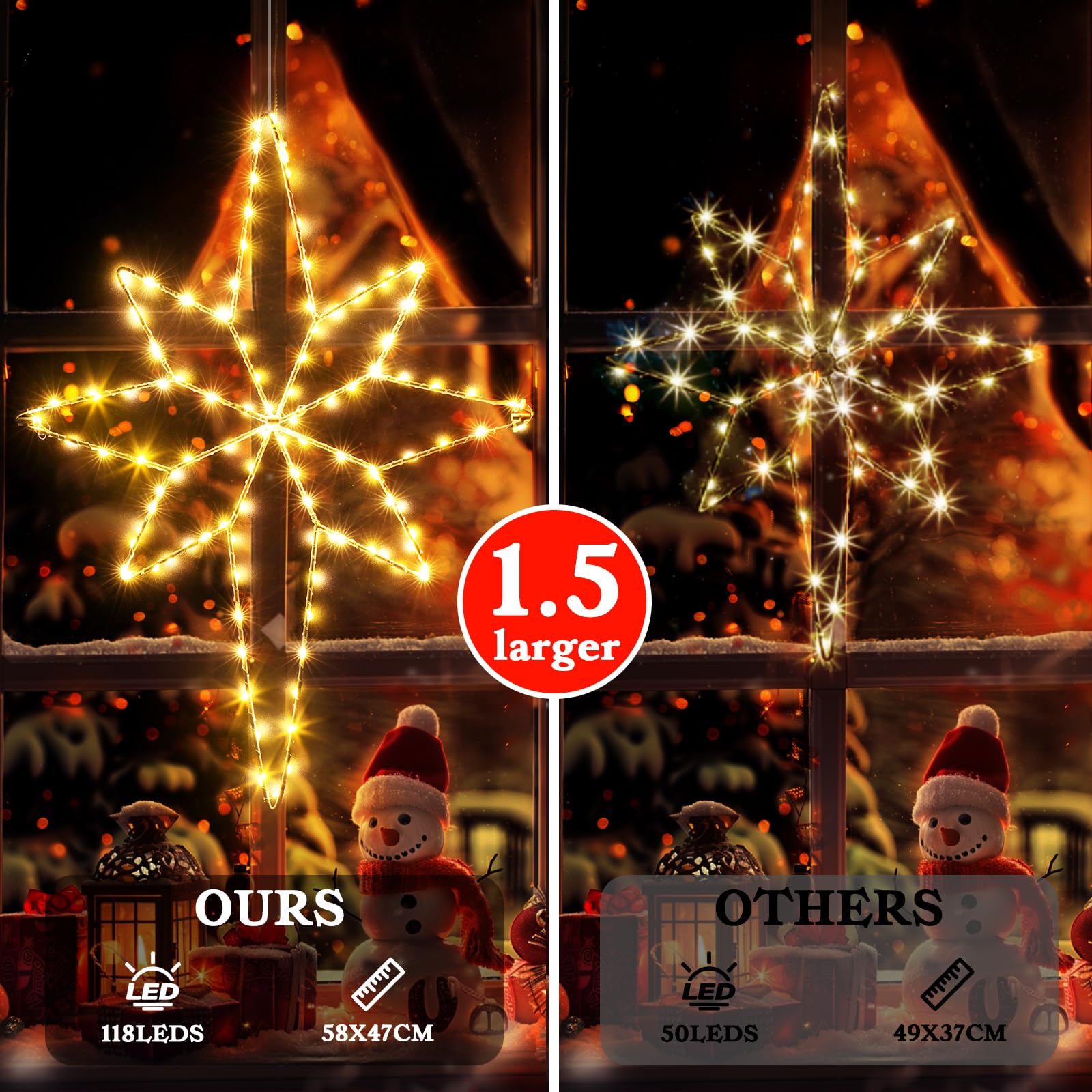 Quntis Christmas Window Lights, 58cm Bethlehem Star Window Lights 118LEDs Battery Powered with 8 Modes & Timer, Large Star Xmas Window Decorations Lights Indoor Outdoor Warm White 1 Pack