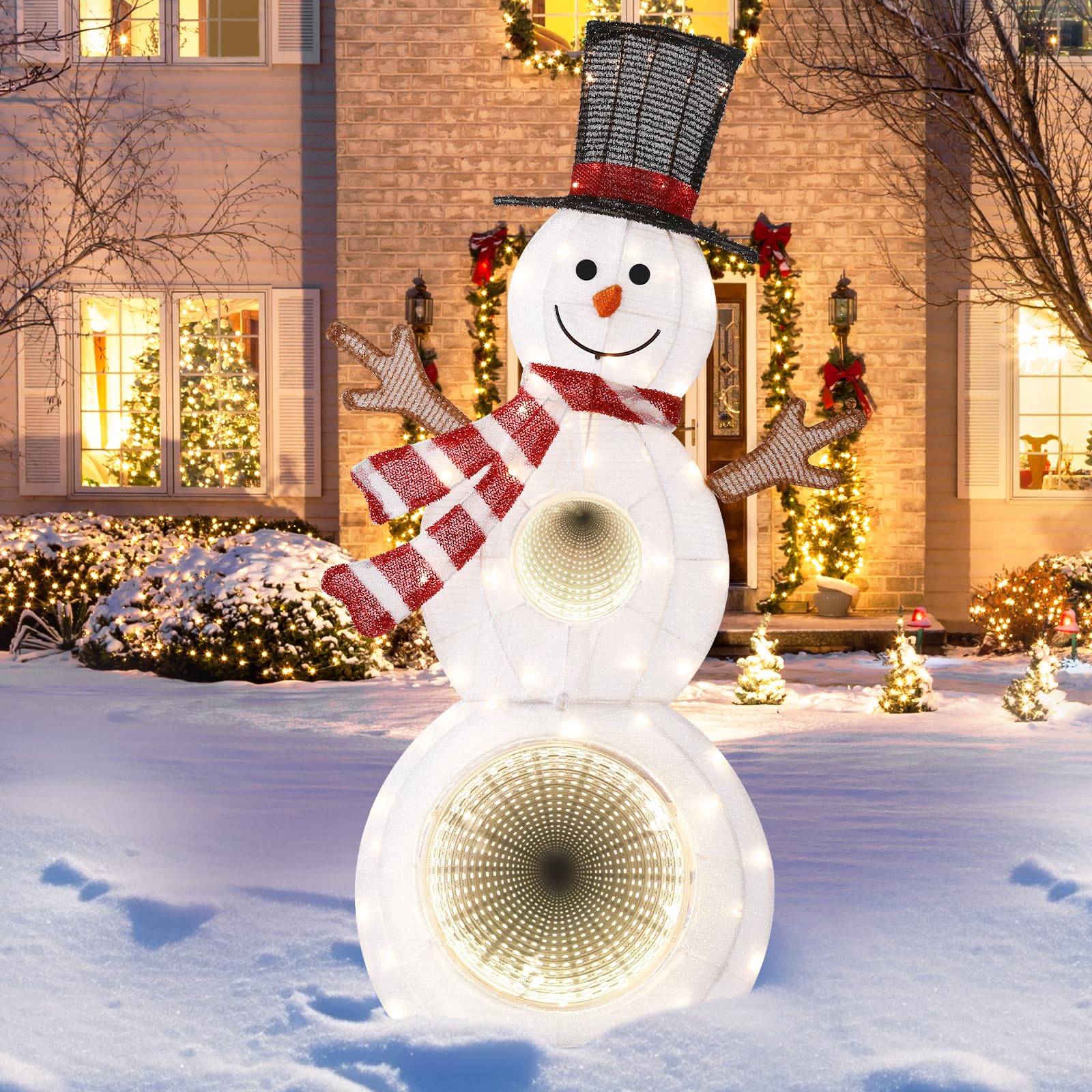 Quntis 3ft Christmas Snowman, 53LED Lighted Christmas Snowman Decorations Yard Light with Infinity Mirror Tunnel Lights,3D Pre-Lit Snowman Xmas Decor Glittered Standing Holiday Display Indoor Outdoor