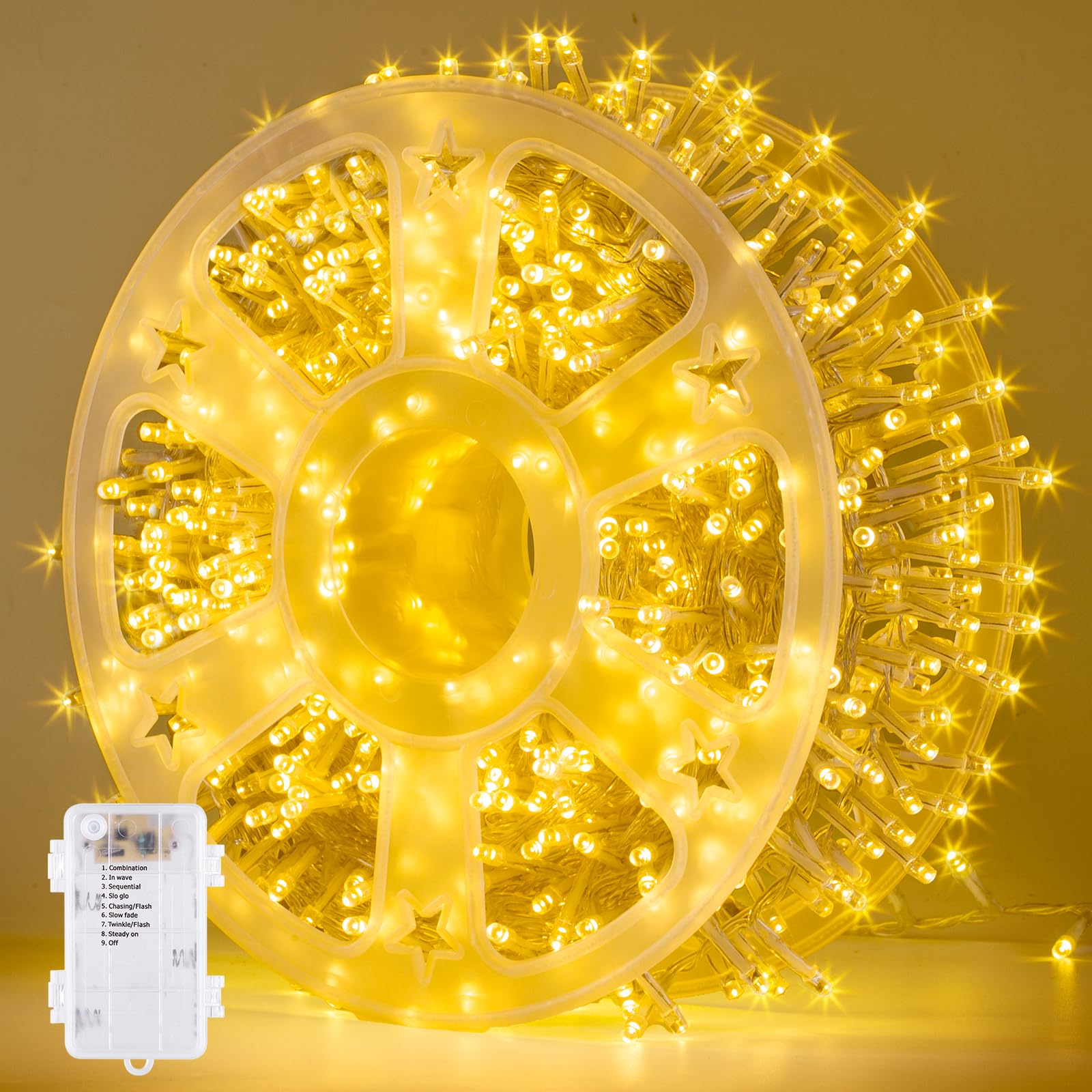 Quntis Guirlande lumineuse de Noël 25m 500LED, Fonctionne sur batterie, 8 modes, Étanche IP44, Blanc chaud pour décoration intérieure/extérieure