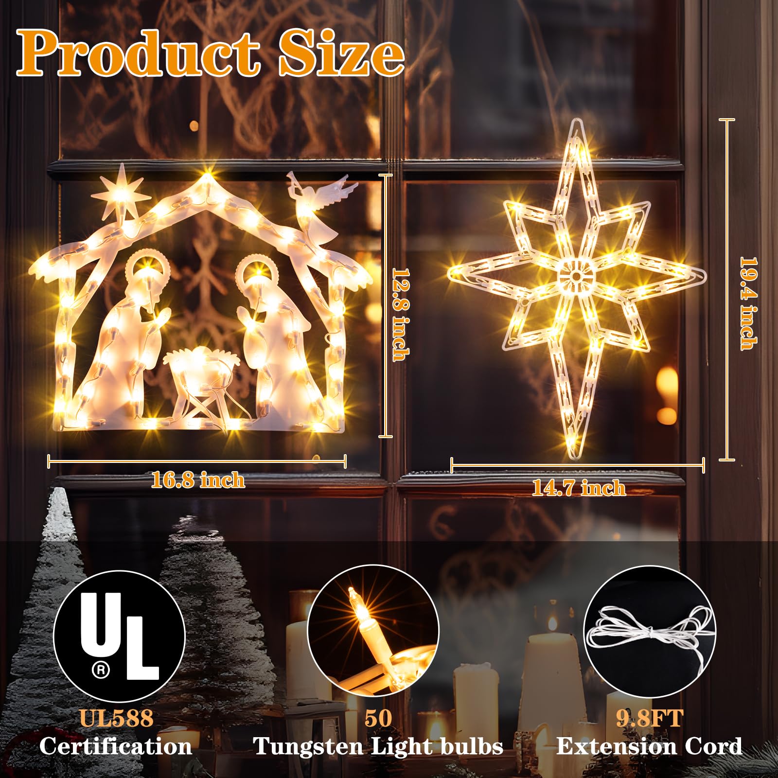 Christmas Window Silhouette Lights 2 Pack, Lighted Nativity and Bethlehem Star for Window Decorations, Nativity Window Lights for Christmas, Holiday, Home, Indoor, Patio, Wall, Door Decor