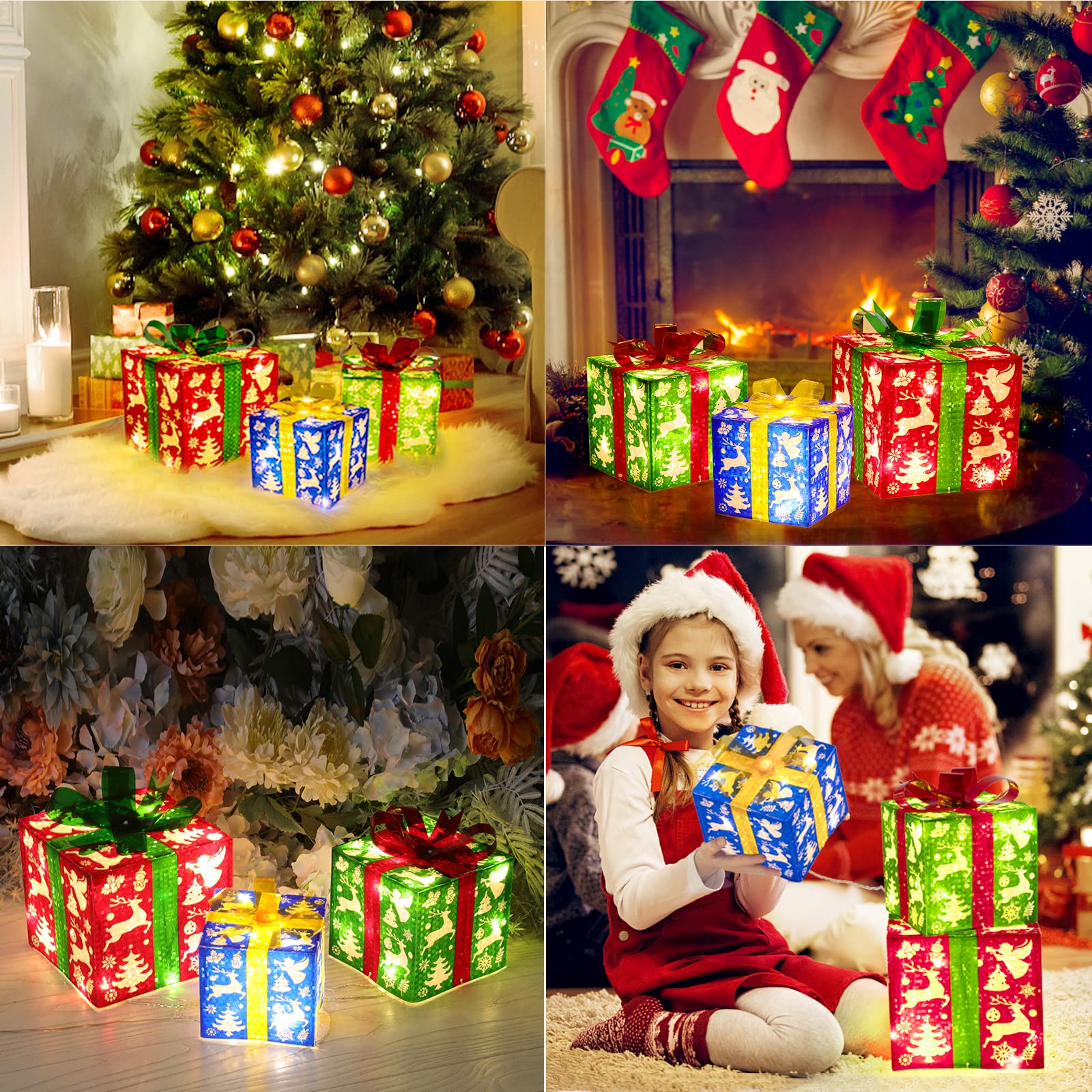 Christmas Decoration Lighted Boxes, Set of 3 Christmas Lighted Gift Boxes with 60 LED lights, 8 Modes&Timer Function Present Boxes Plug in, Colored Decor with Christmas Elements Pattern for Christmas Tree Indoor Outdoor Yard Home Party