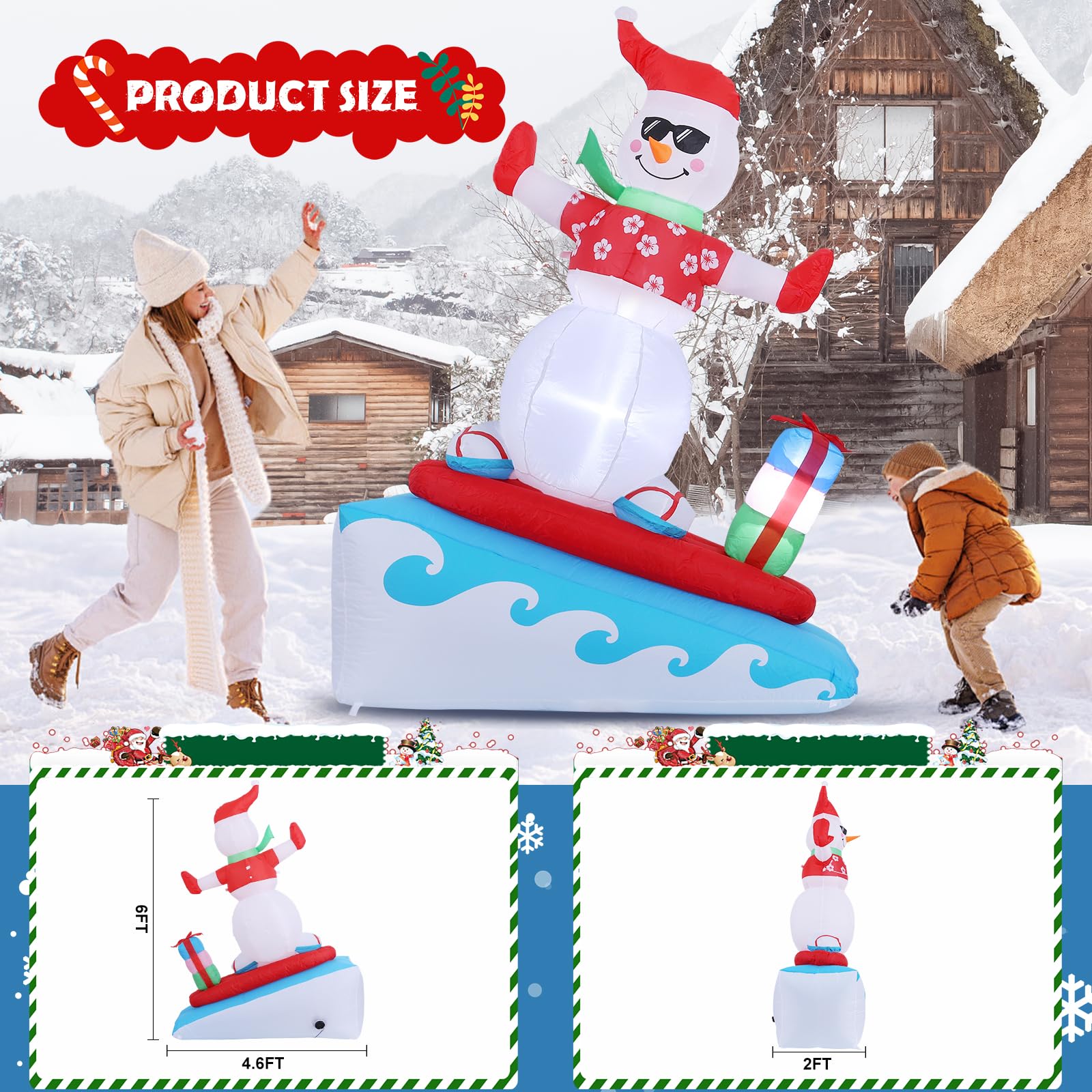 Inflatable Christmas Decorations Outdoor, Quntis 6FT Inflatable Snowman with LED Lights Surfing Snowman Blow Up Yard Decorations Xmas Decorations for Xmas Party Indoor Outdoor Home Garden Lawn