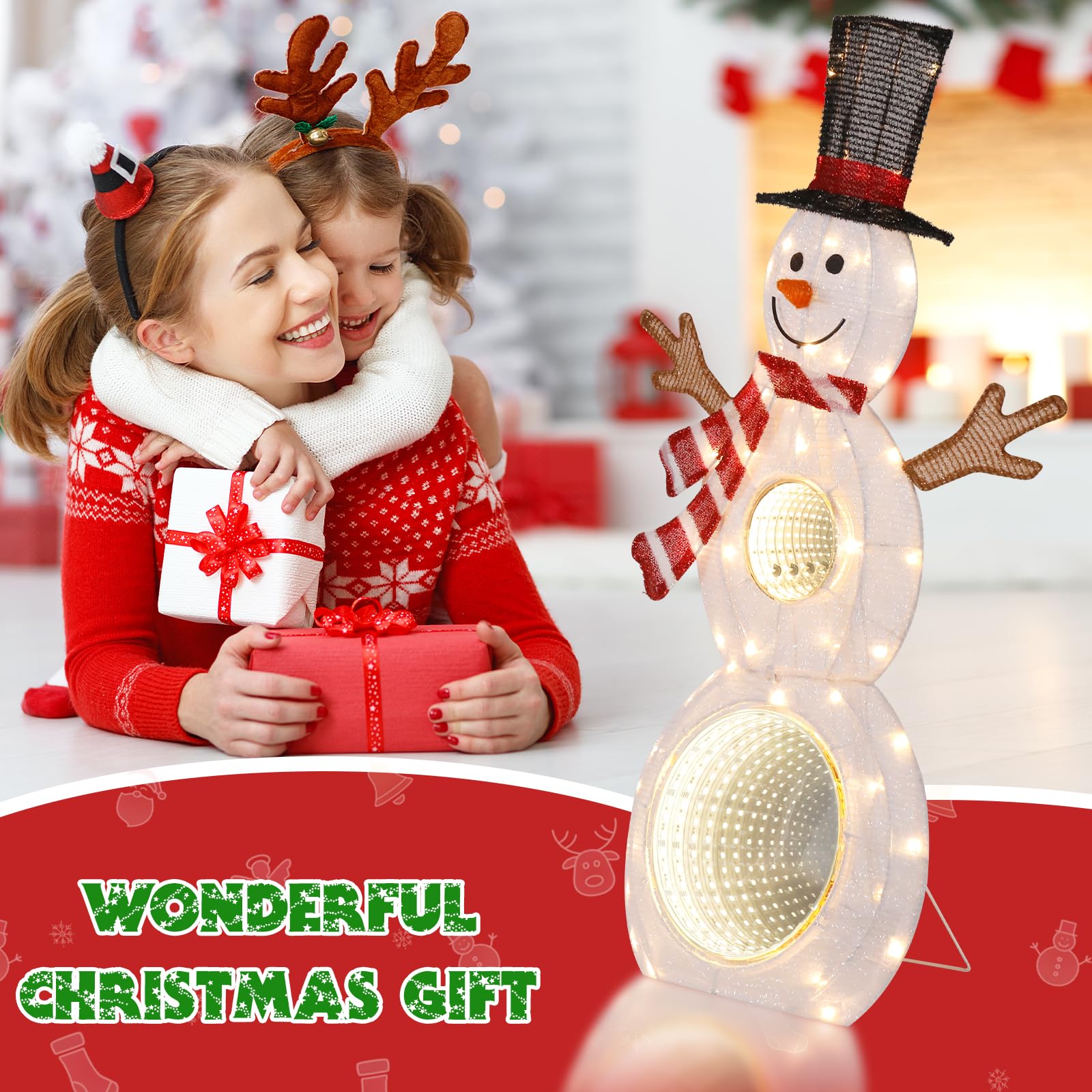 Quntis 3ft Christmas Snowman, 53LED Lighted Christmas Snowman Decorations Yard Light with Infinity Mirror Tunnel Lights,3D Pre-Lit Snowman Xmas Decor Glittered Standing Holiday Display Indoor Outdoor