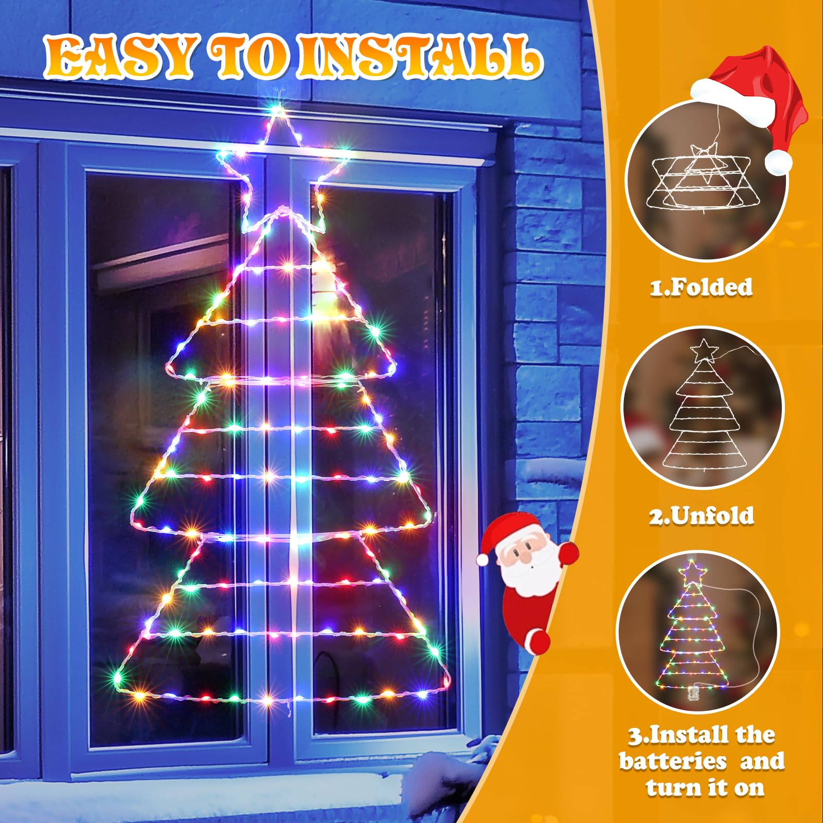 Quntis Christmas Decoration Lights, Foldable Color Changing Christmas Window Lights with Timer & 8 Modes, Waterproof Battery Powered Christmas Tree Ladder Lights for Xmas Indoor Outdoor Décor