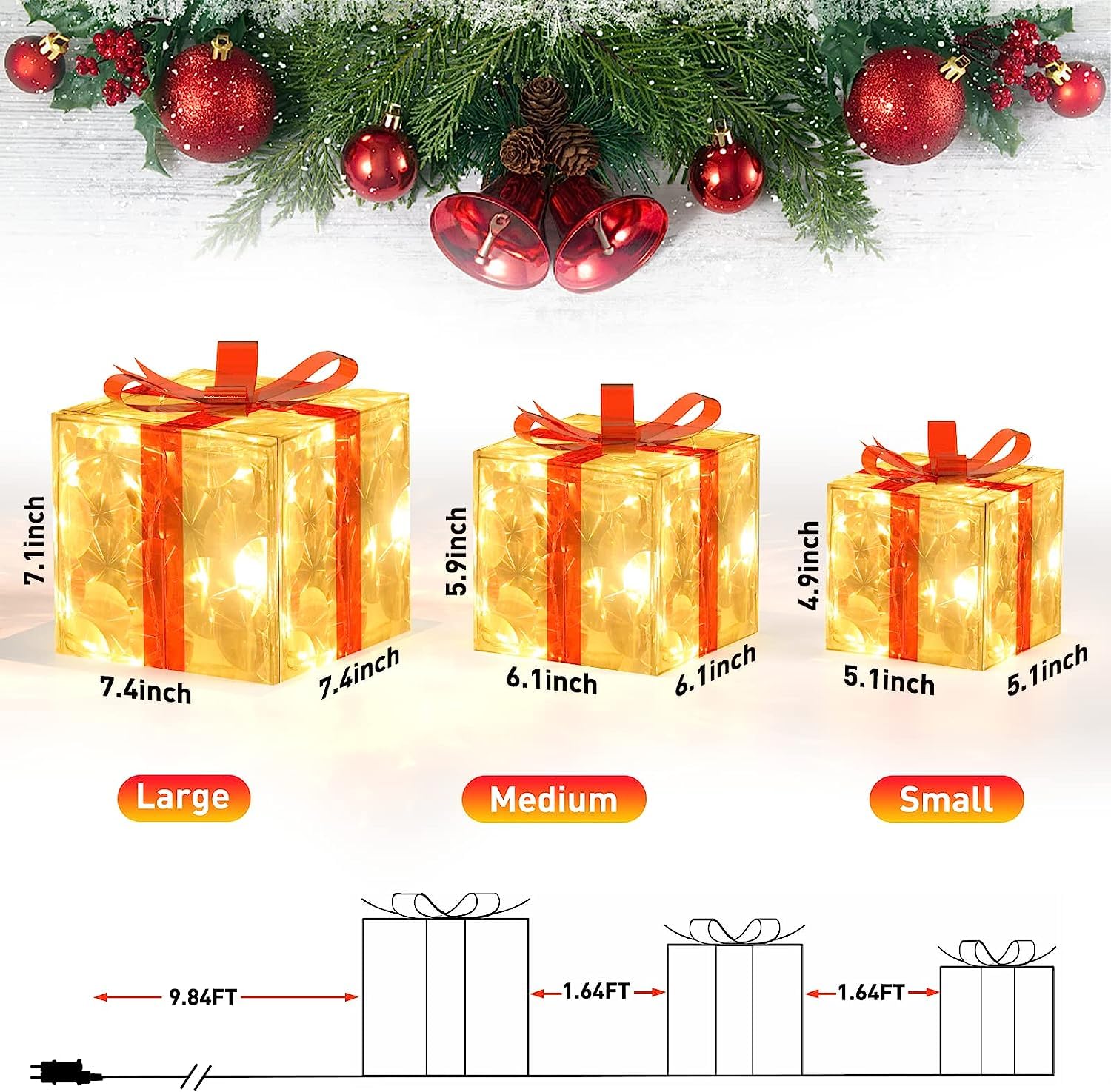 Quntis Christmas Lighted Gift Boxes, Set of 3 Christmas Decoration Boxes with F5 Super Bright 60 LED lights, 8 Modes ＆ Timer Function Present Boxes Plug in, Transparent Christmas Decor with Bows for Christmas