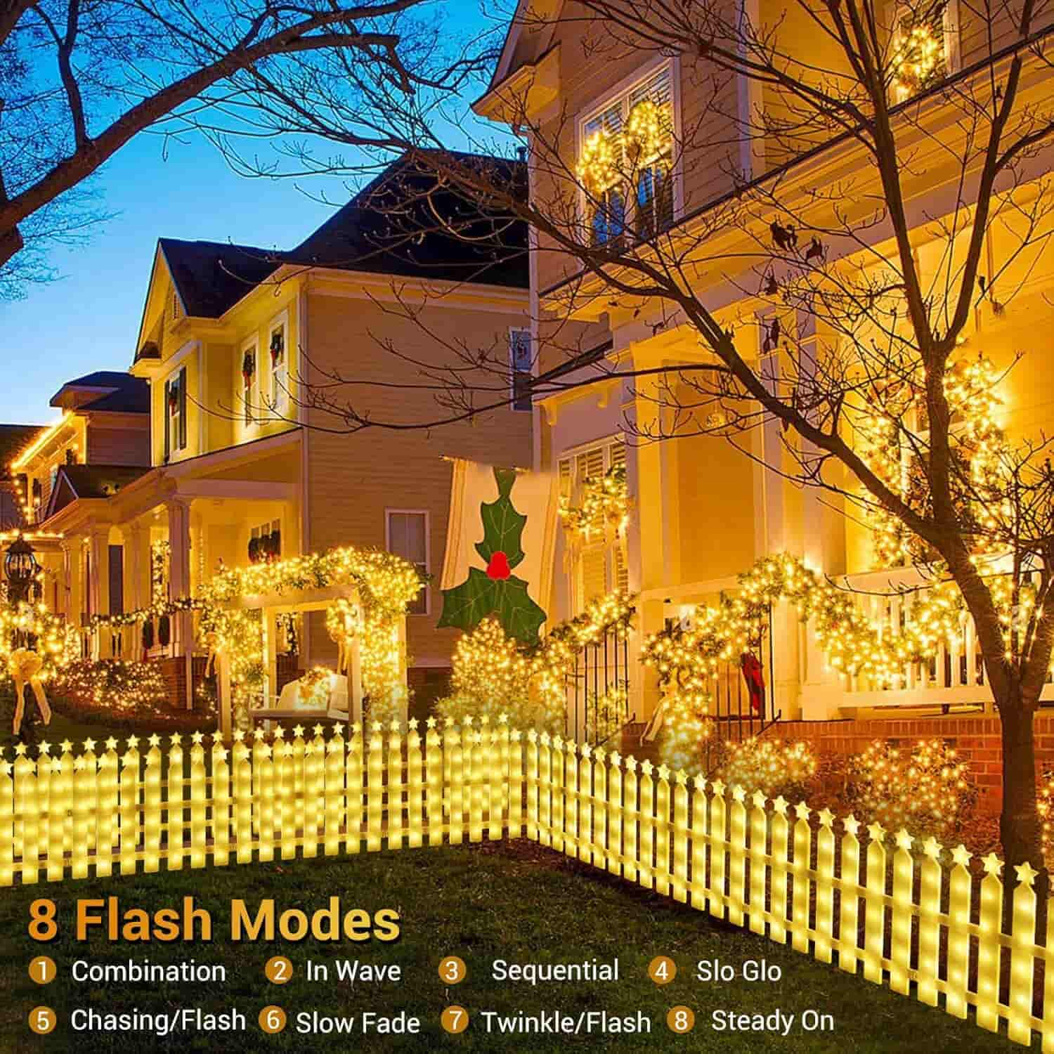 8 Pack Christmas Tree Fence with Illuminated Christmas Lights Star Design - 8 Modes, Connectable Memory Function, Waterproof Miniature Decorative Christmas Lights Fence for Holiday Decoration.