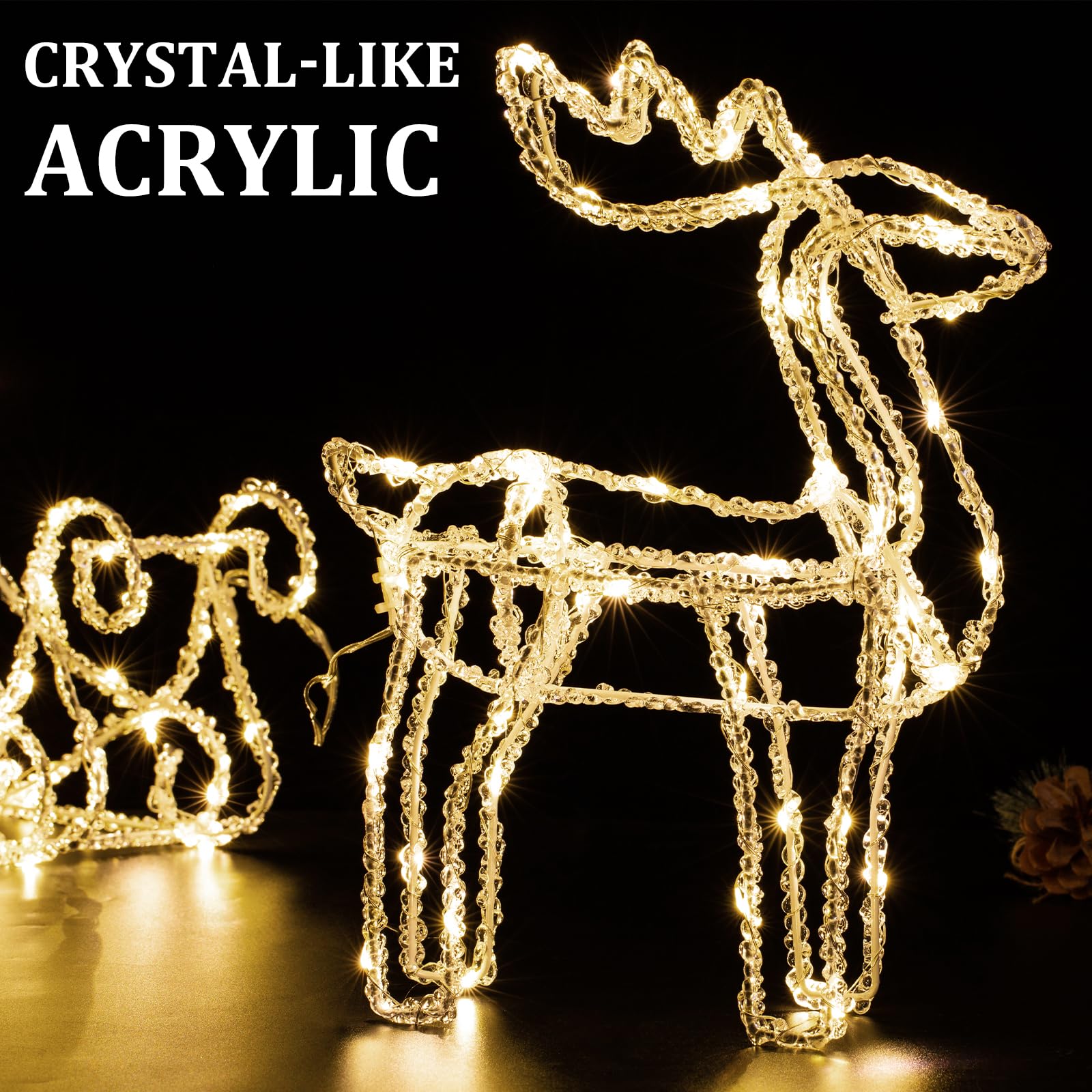 Set of 2 Christmas Lights, Light up 3D Elk Pulling Sleigh Christmas Decor, Lighted Acrylic Christmas Decoration with 100 Led Lights for Indoor Outdoor Fireplace Windowsill Home Xmas Tree Yard Lawn