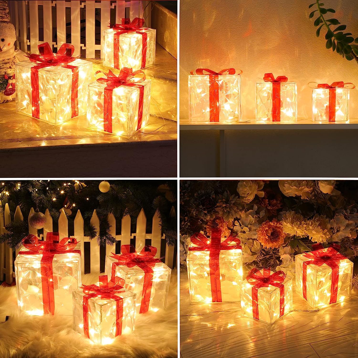 Quntis Christmas Lighted Gift Boxes, Set of 3 Christmas Decoration Boxes with F5 Super Bright 60 LED lights, 8 Modes ＆ Timer Function Present Boxes Plug in, Transparent Christmas Decor with Bows for Christmas