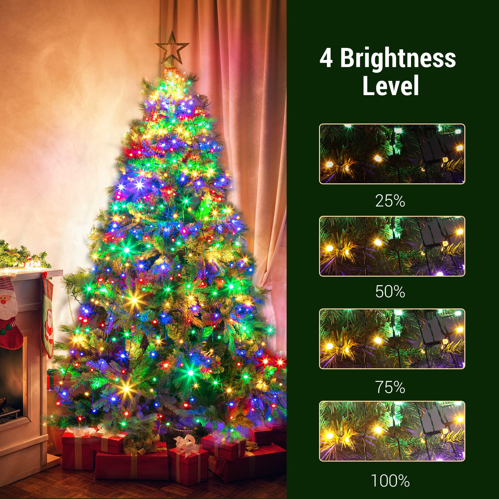 Color Changing Christmas Tree Lights, 11 Modes & 3 Timer Modes & 4 Brightness with Memory Function, 6.6FT x10 Lines 400 Diamond LED Christmas String Light Outdoor Waterproof