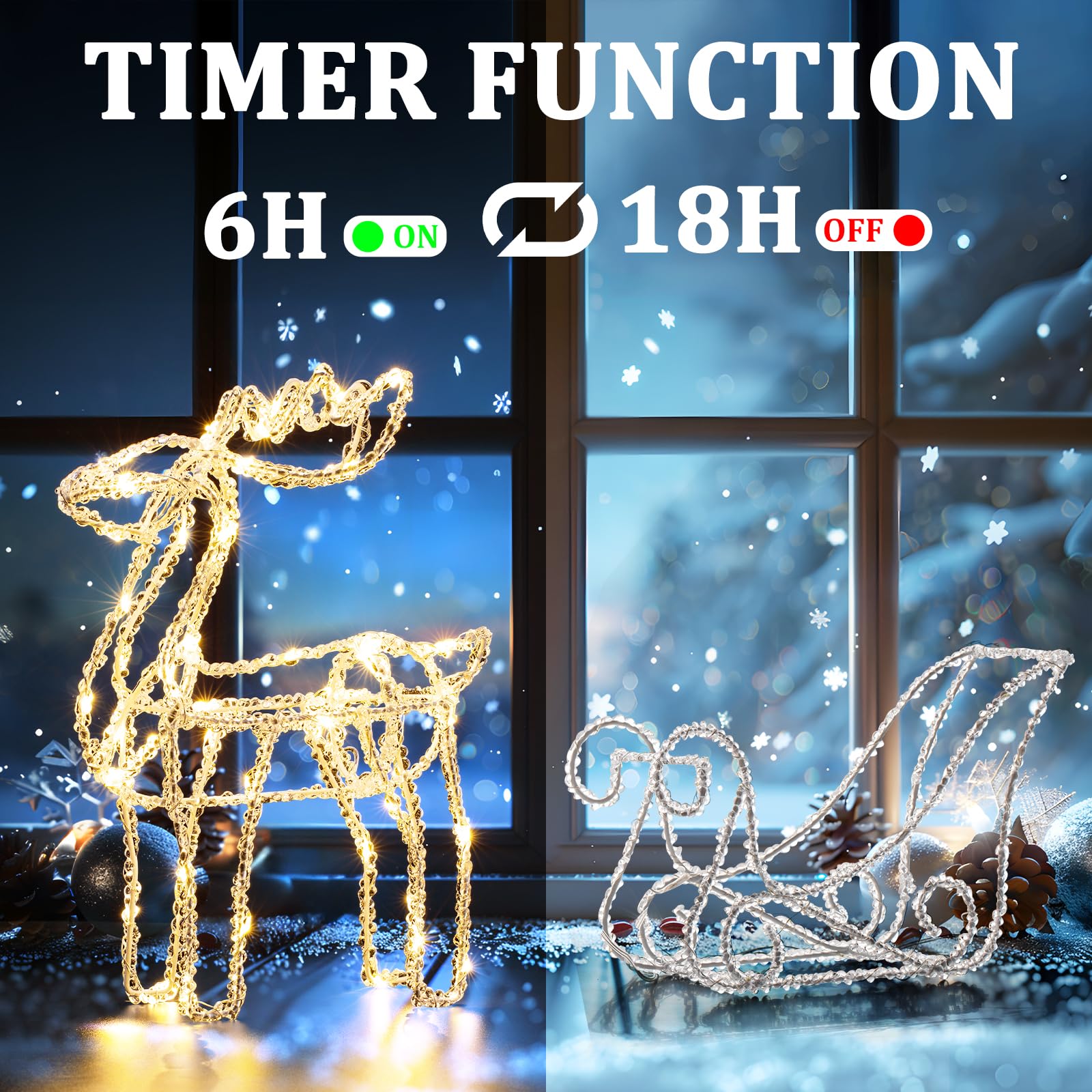 Set of 2 Christmas Lights, Light up 3D Elk Pulling Sleigh Christmas Decor, Lighted Acrylic Christmas Decoration with 100 Led Lights for Indoor Outdoor Fireplace Windowsill Home Xmas Tree Yard Lawn