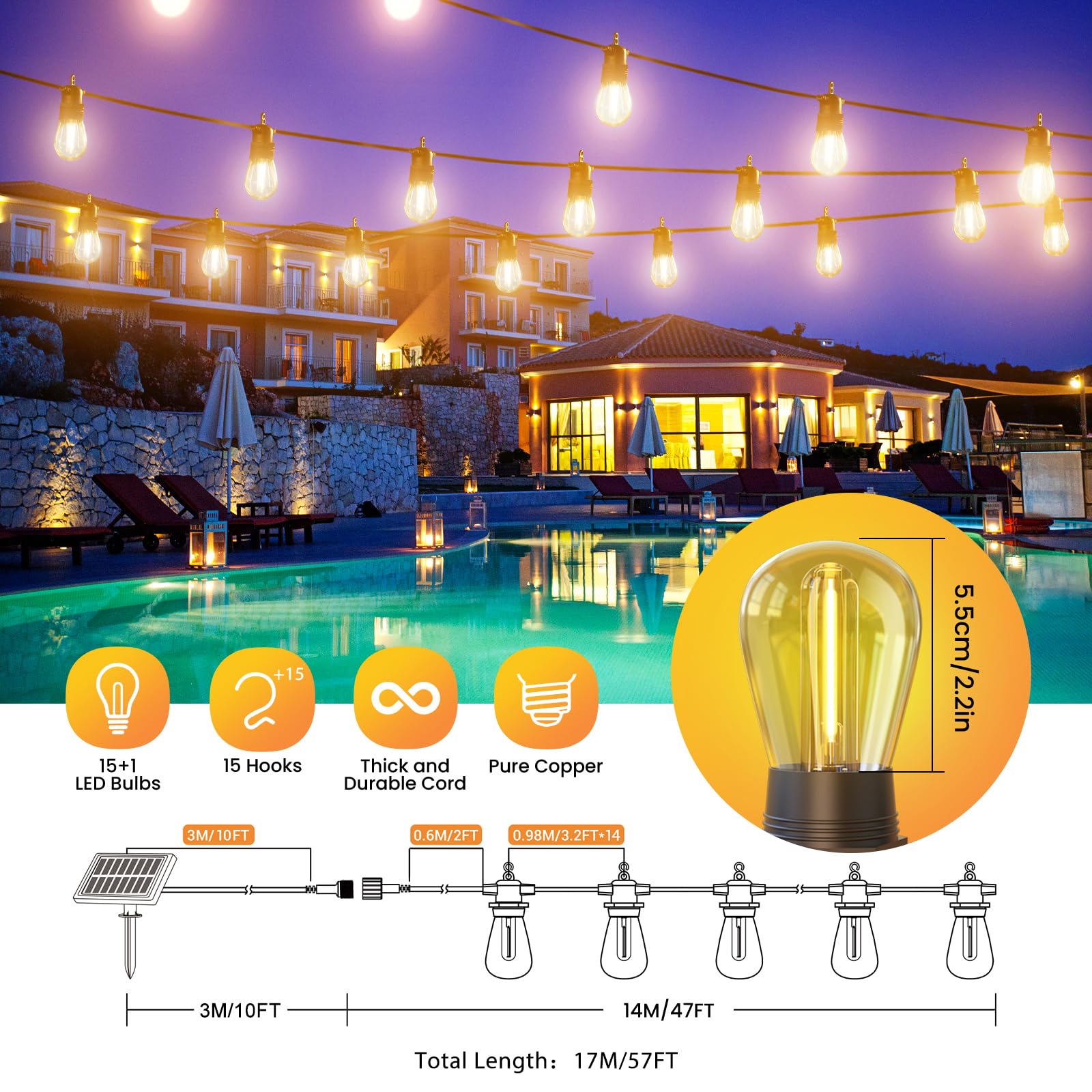 Solar Festoon Lights Outdoor, 57ft/17M S14 Dimmable Outdoor String Lights Solar Powered with Remote Control, IP65 Waterproof Outside Solar Lights with 4 Modes & Timer for Garden Patio Gazebo