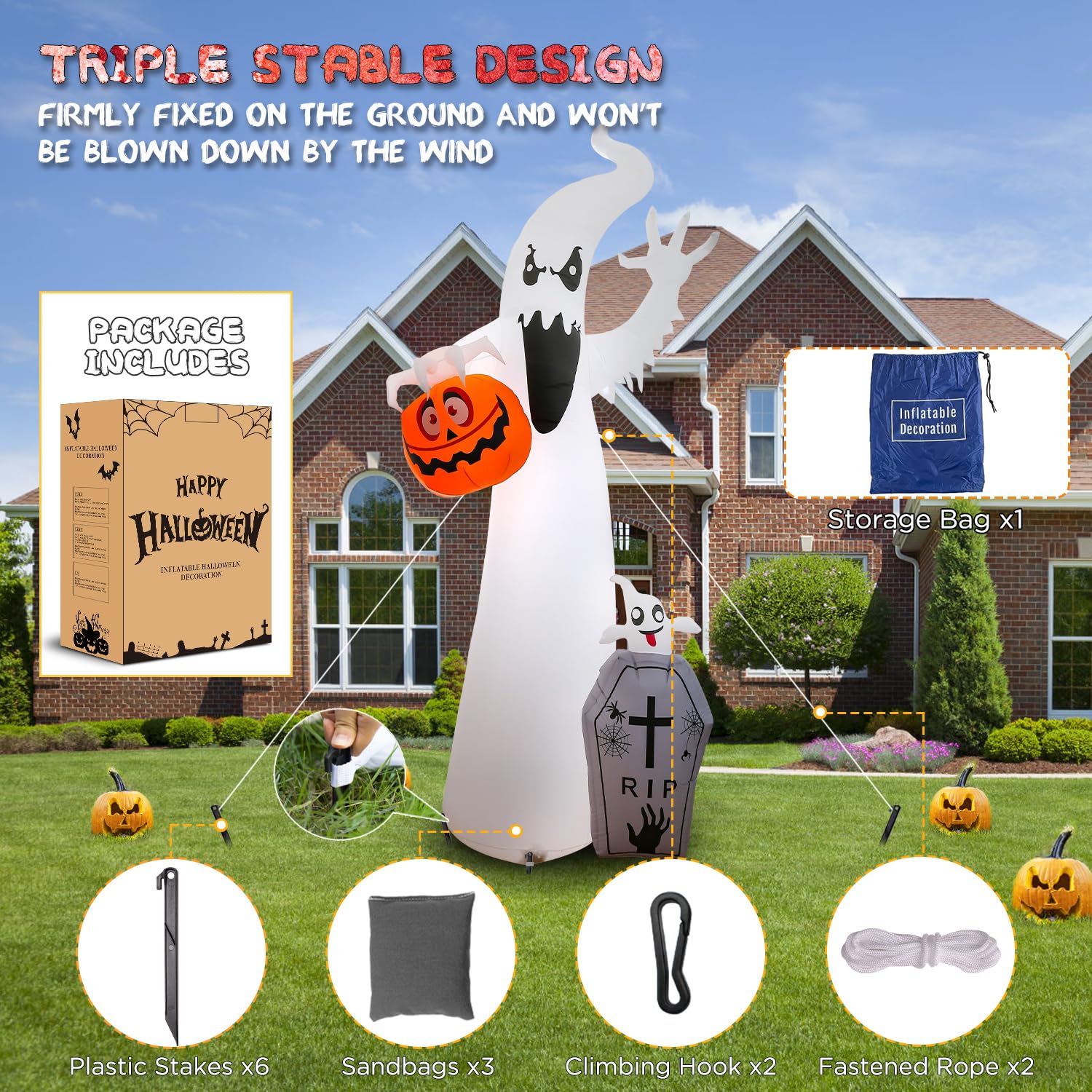 12FT Halloween Inflatable Outdoor Decoration with Projection Lights and Scary Sound, Halloween Blow Up Yard Decorations, Waterproof Inflatable Halloween Pumpkin Ghost with LED for Garden