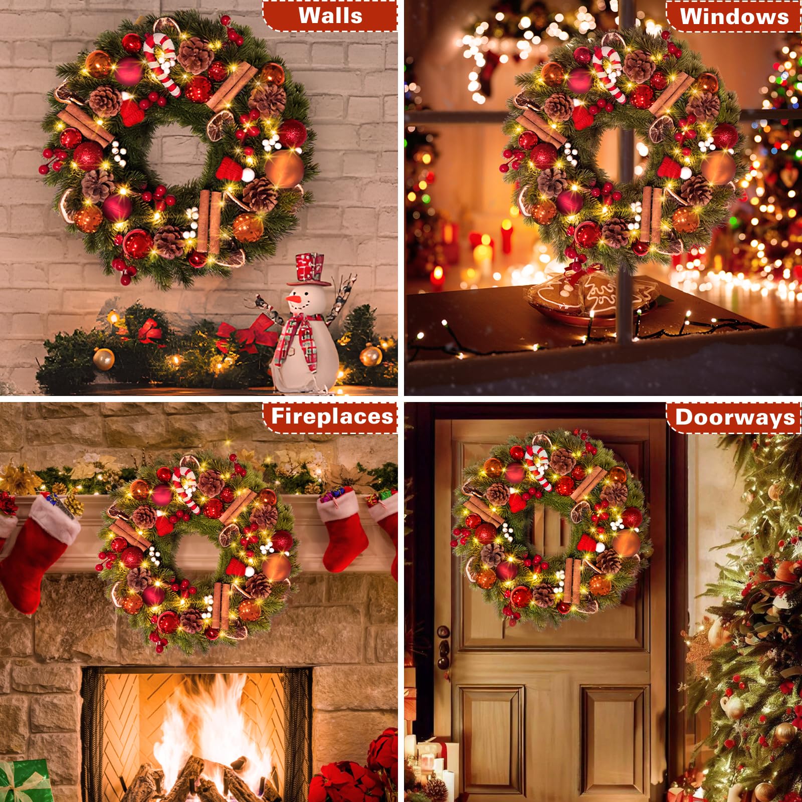 16Inch Christmas Wreath with Lights, 40 LEDs Light up Christmas Decoration Garland Wreath, 8 Modes&Timer Function Wreath for Outdoor Indoor Home Front Door Window Xmas Decor