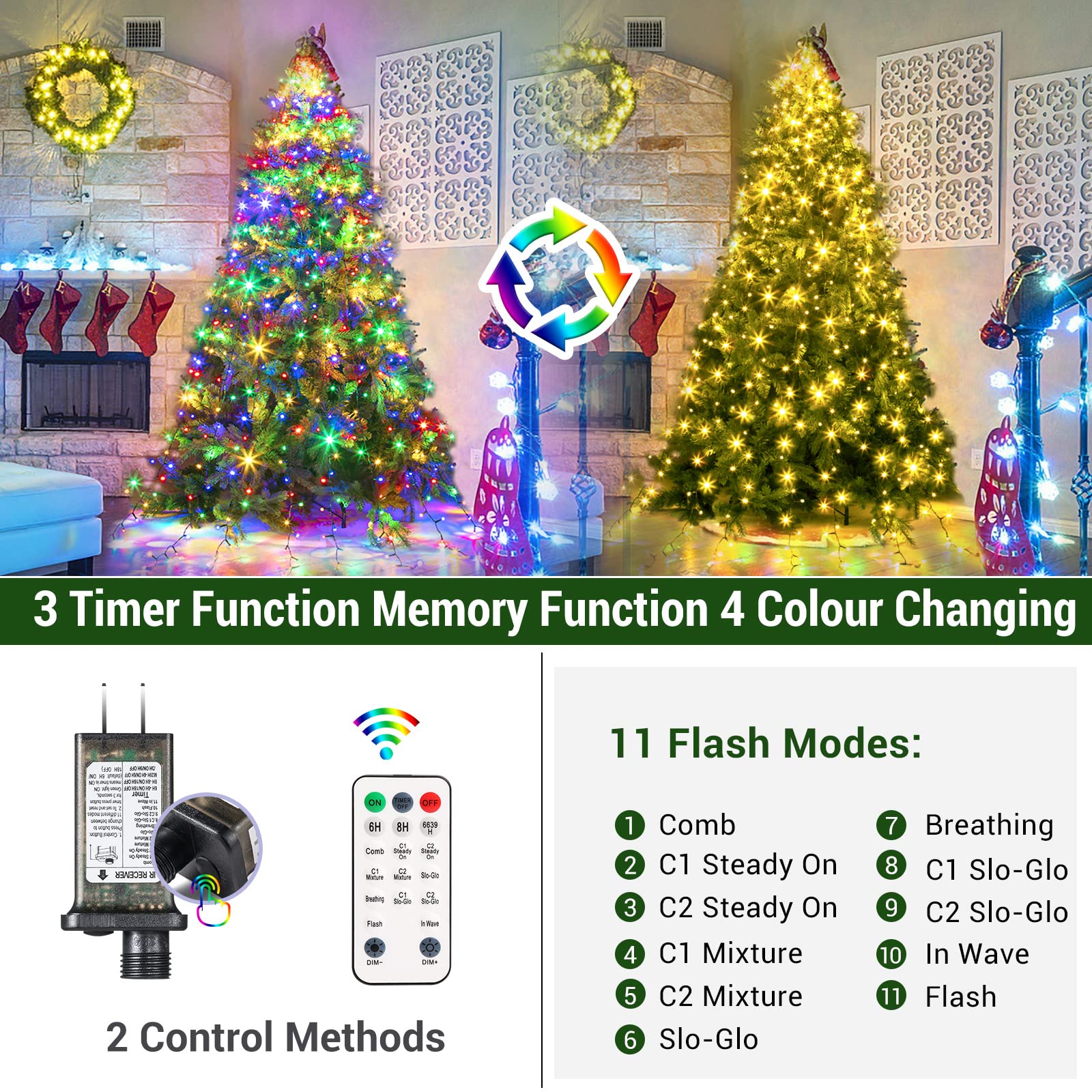 Color Changing Christmas Tree Lights, 11 Modes & 3 Timer Modes & 4 Brightness with Memory Function, 6.6FT x10 Lines 400 Diamond LED Christmas String Light Outdoor Waterproof