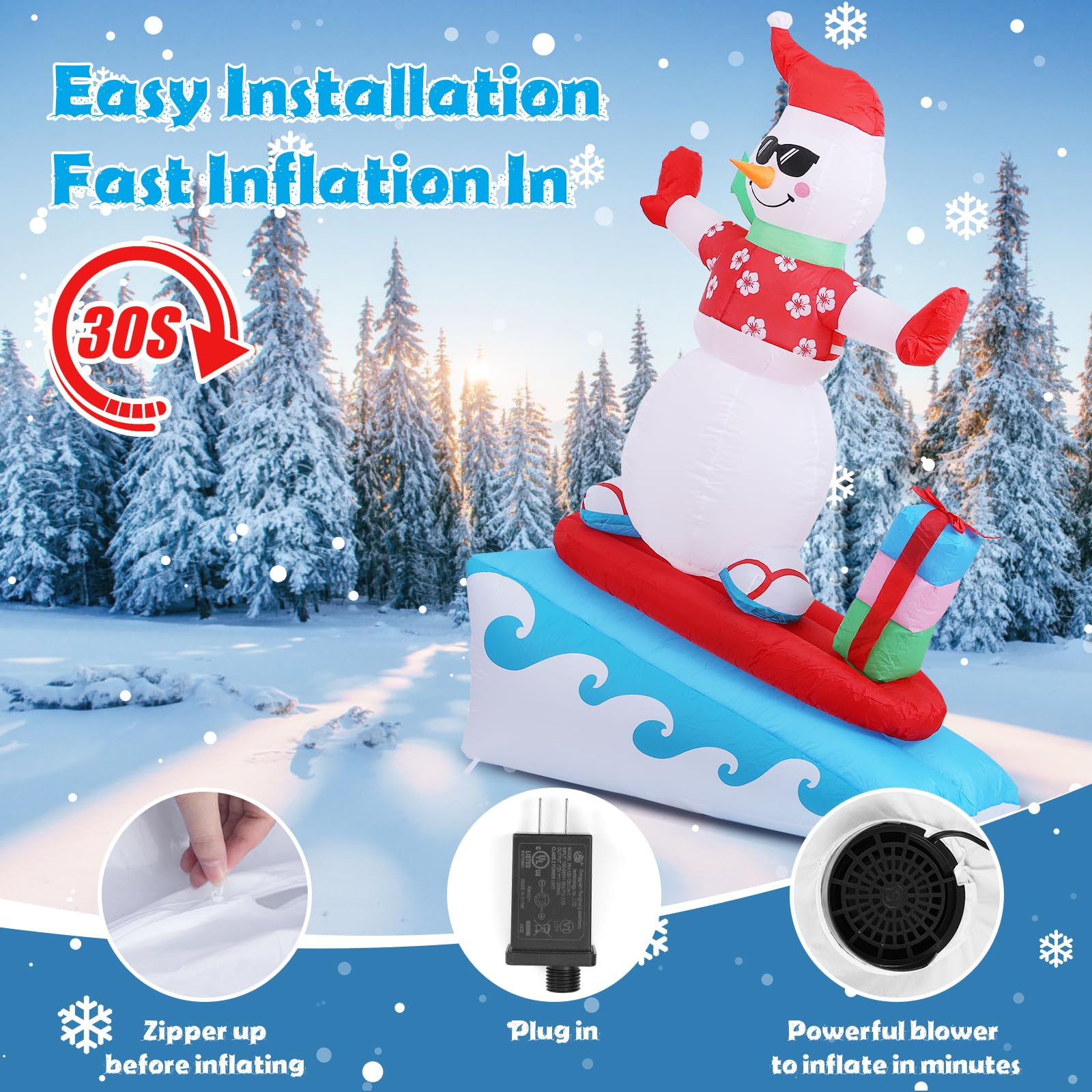 Inflatable Christmas Decorations Outdoor, Quntis 6FT Inflatable Snowman with LED Lights Surfing Snowman Blow Up Yard Decorations Xmas Decorations for Xmas Party Indoor Outdoor Home Garden Lawn