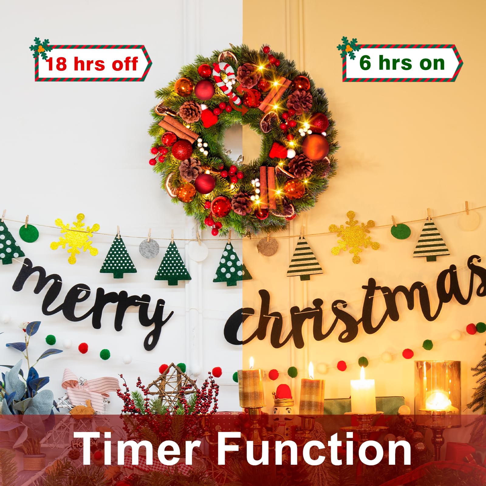 16Inch Christmas Wreath with Lights, 40 LEDs Light up Christmas Decoration Garland Wreath, 8 Modes&Timer Function Wreath for Outdoor Indoor Home Front Door Window Xmas Decor