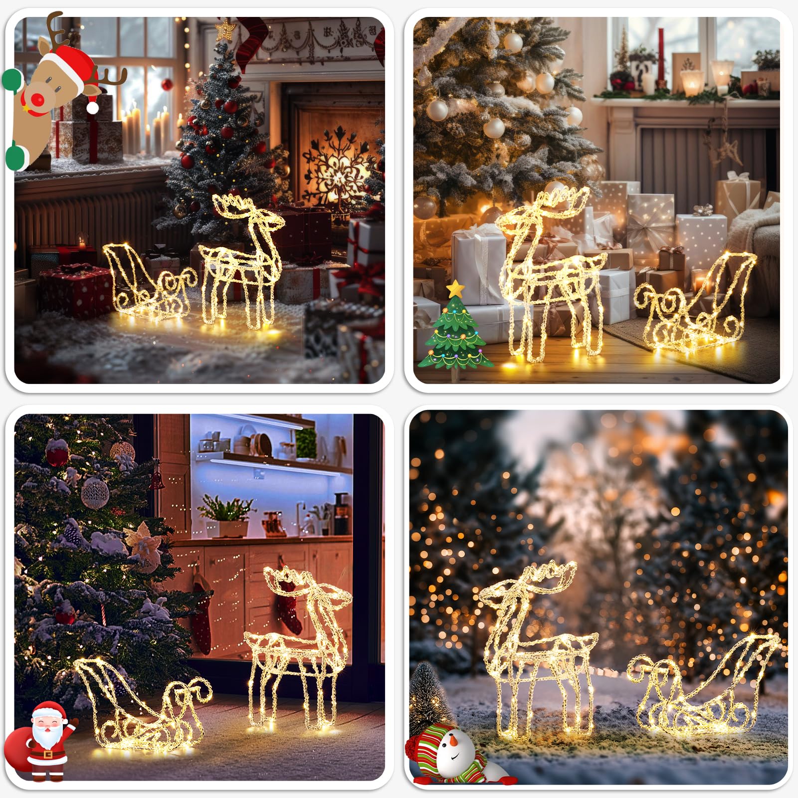 Set of 2 Christmas Lights, Light up 3D Elk Pulling Sleigh Christmas Decor, Lighted Acrylic Christmas Decoration with 100 Led Lights for Indoor Outdoor Fireplace Windowsill Home Xmas Tree Yard Lawn