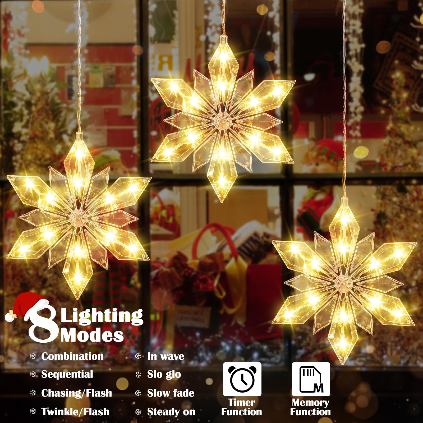 Quntis 34" Christmas Snowflakes Window Lights Battery Operated, 3 Pack 36 LEDs Snowflake String Lights with Timer Memory, 8 Twinkle Modes Xmas House Indoor Winter Hanging Decoration, Warm White