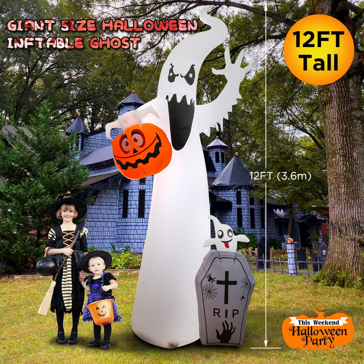 12FT Halloween Inflatable Outdoor Decoration with Projection Lights and Scary Sound, Halloween Blow Up Yard Decorations, Waterproof Inflatable Halloween Pumpkin Ghost with LED for Garden