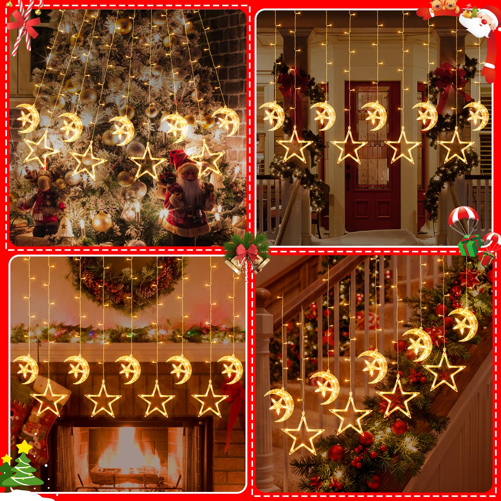 Quntis Luzes de Janela de Natal, 9Pacote 125LED Luzes de Janela Pendentes de Estrela e Lua com Bateria, 8 Modos, Decoração à Prova de Água para Interior e Exterior para Férias, Festa, Decoração de Casa