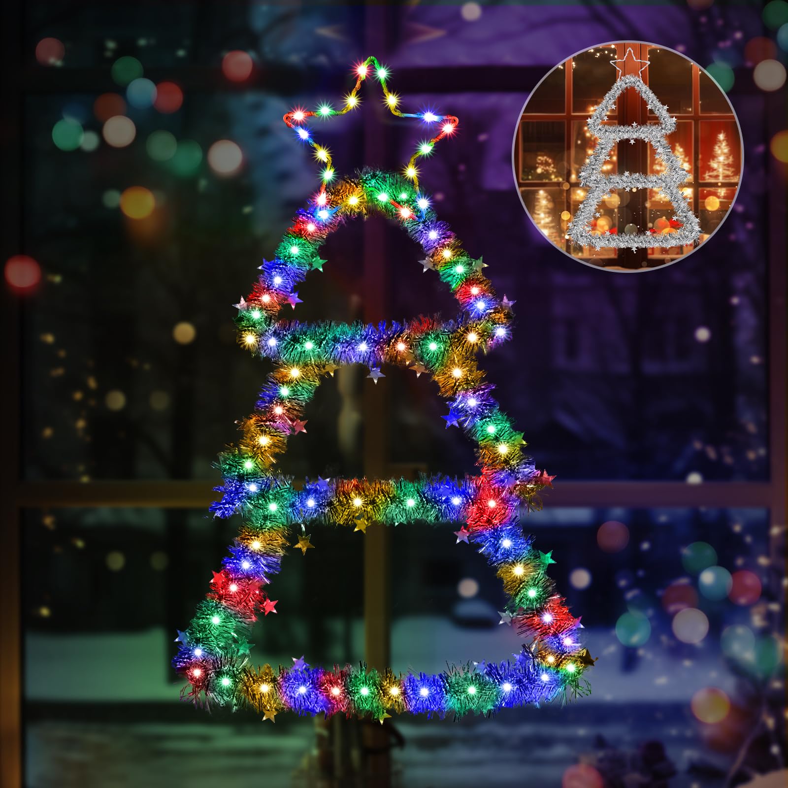 Quntis LED Christmas Decorations Lights, 2.2ft Multicolor and Warm White Lighted Christmas Tree with Silver Tinsel, Battery Operated Hanging Lights for Indoor Outdoor, Window Wall Door Home Decor