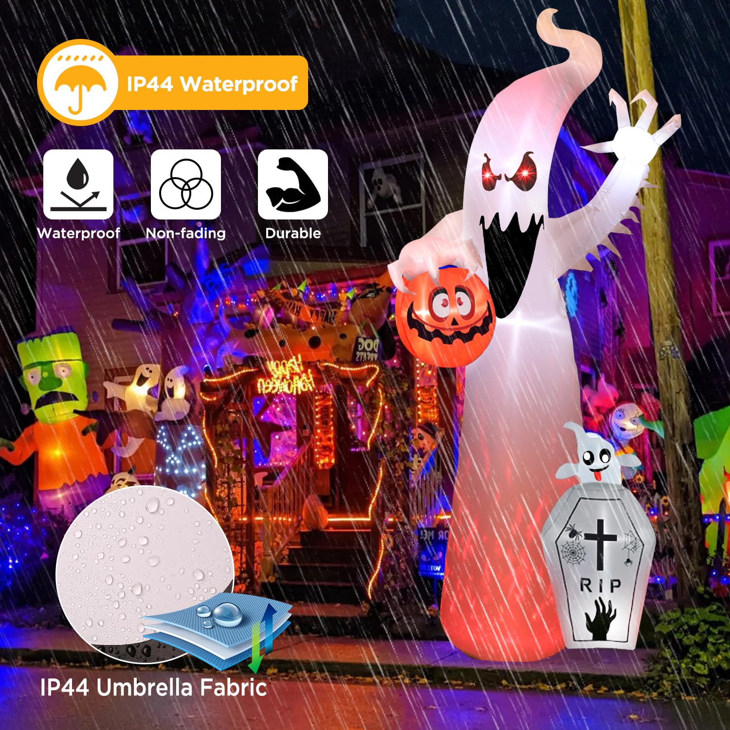 12FT Halloween Inflatable Outdoor Decoration with Projection Lights and Scary Sound, Halloween Blow Up Yard Decorations, Waterproof Inflatable Halloween Pumpkin Ghost with LED for Garden