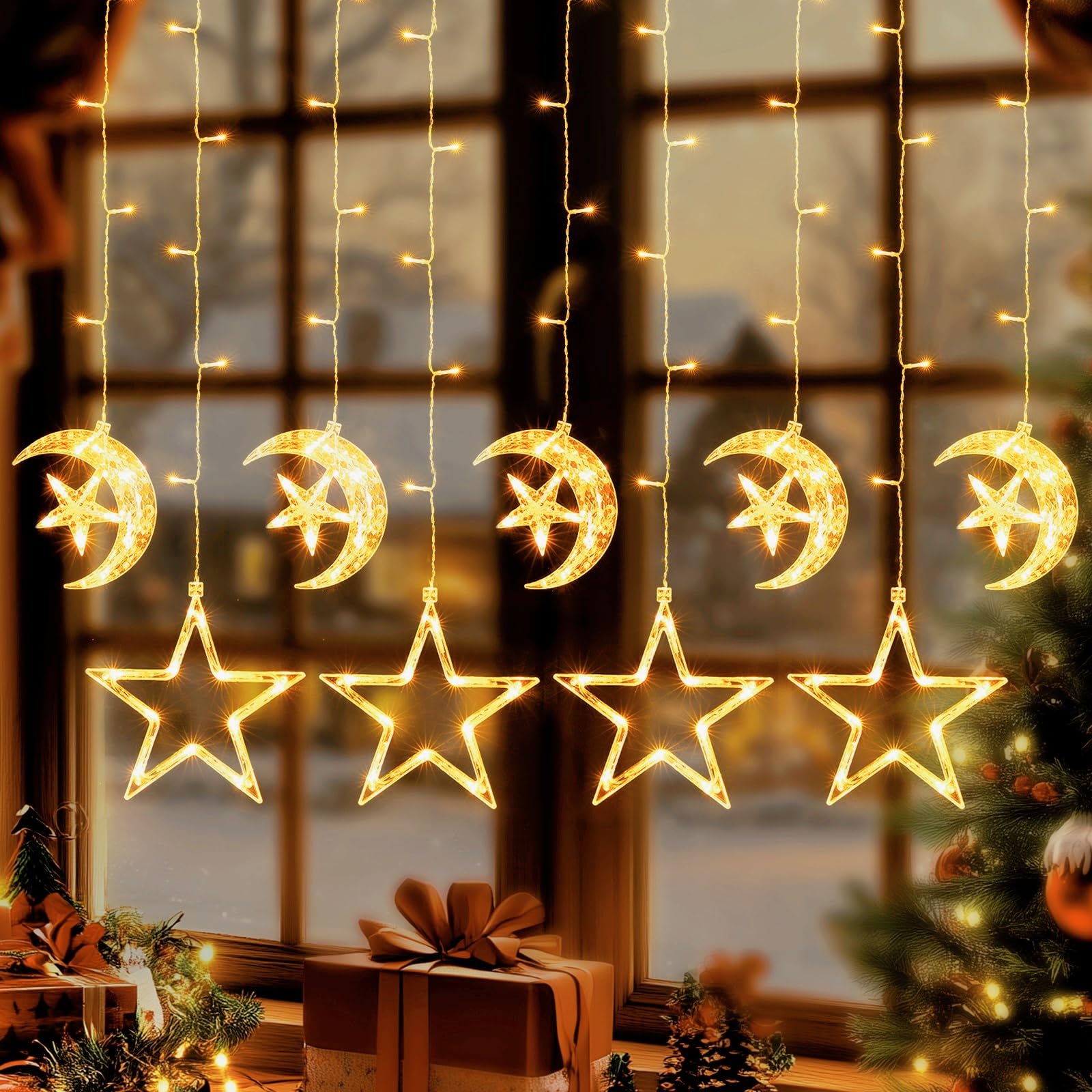 Quntis Luzes de Janela de Natal, 9Pacote 125LED Luzes de Janela Pendentes de Estrela e Lua com Bateria, 8 Modos, Decoração à Prova de Água para Interior e Exterior para Férias, Festa, Decoração de Casa