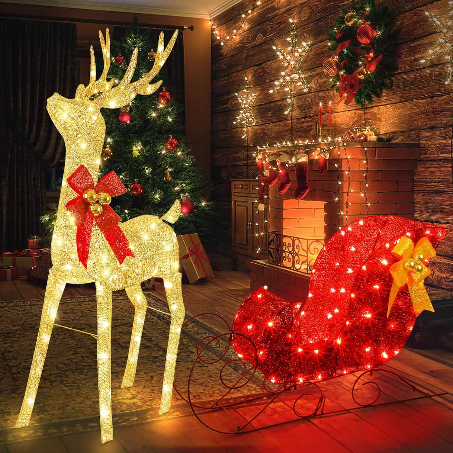 Lighted Christmas Reindeer & Sleigh Outdoor Decor Set  LED Lights